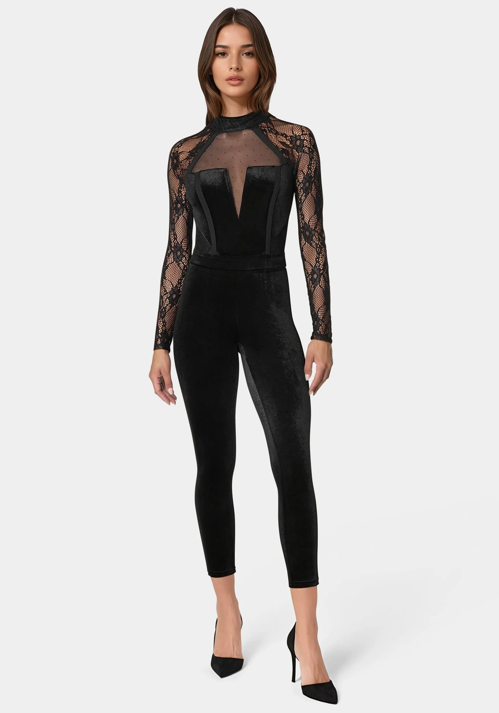 Lace Combo Velour Catsuit sold by Bebe