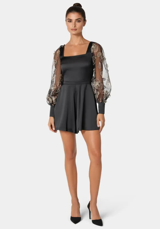 Floral Lurex Sleeve Satin Romper sold by Bebe