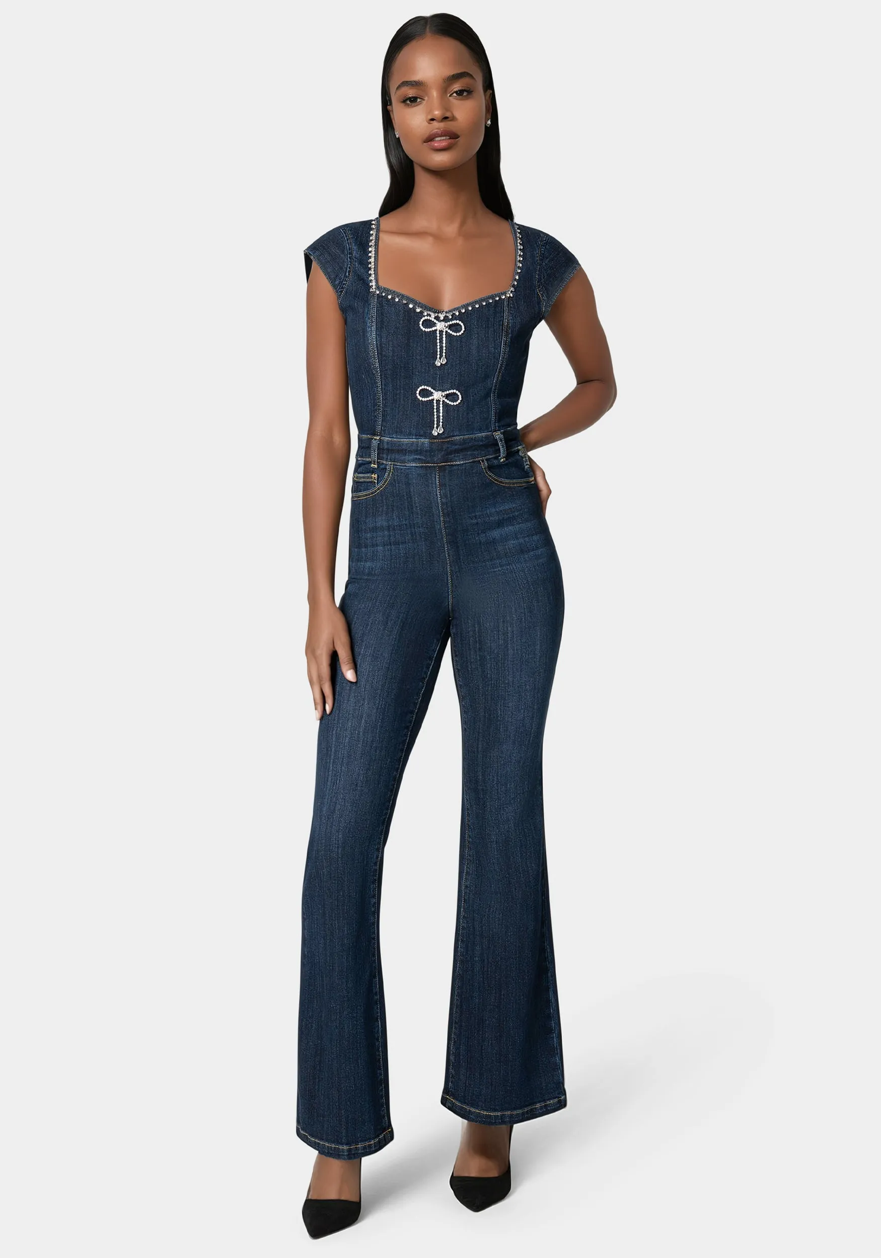 Embellished Neckline Flared Leg Denim Jumpsuit sold by Bebe