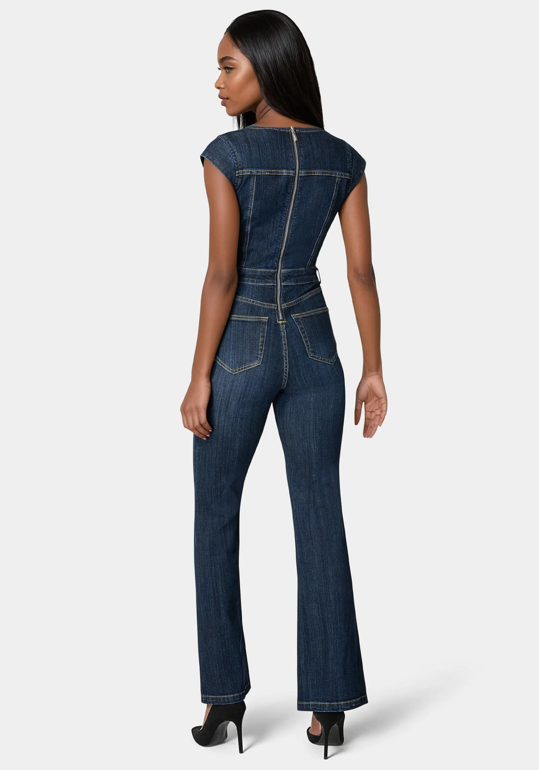 Embellished Neckline Flared Leg Denim Jumpsuit sold by Bebe product image thumbnail 3