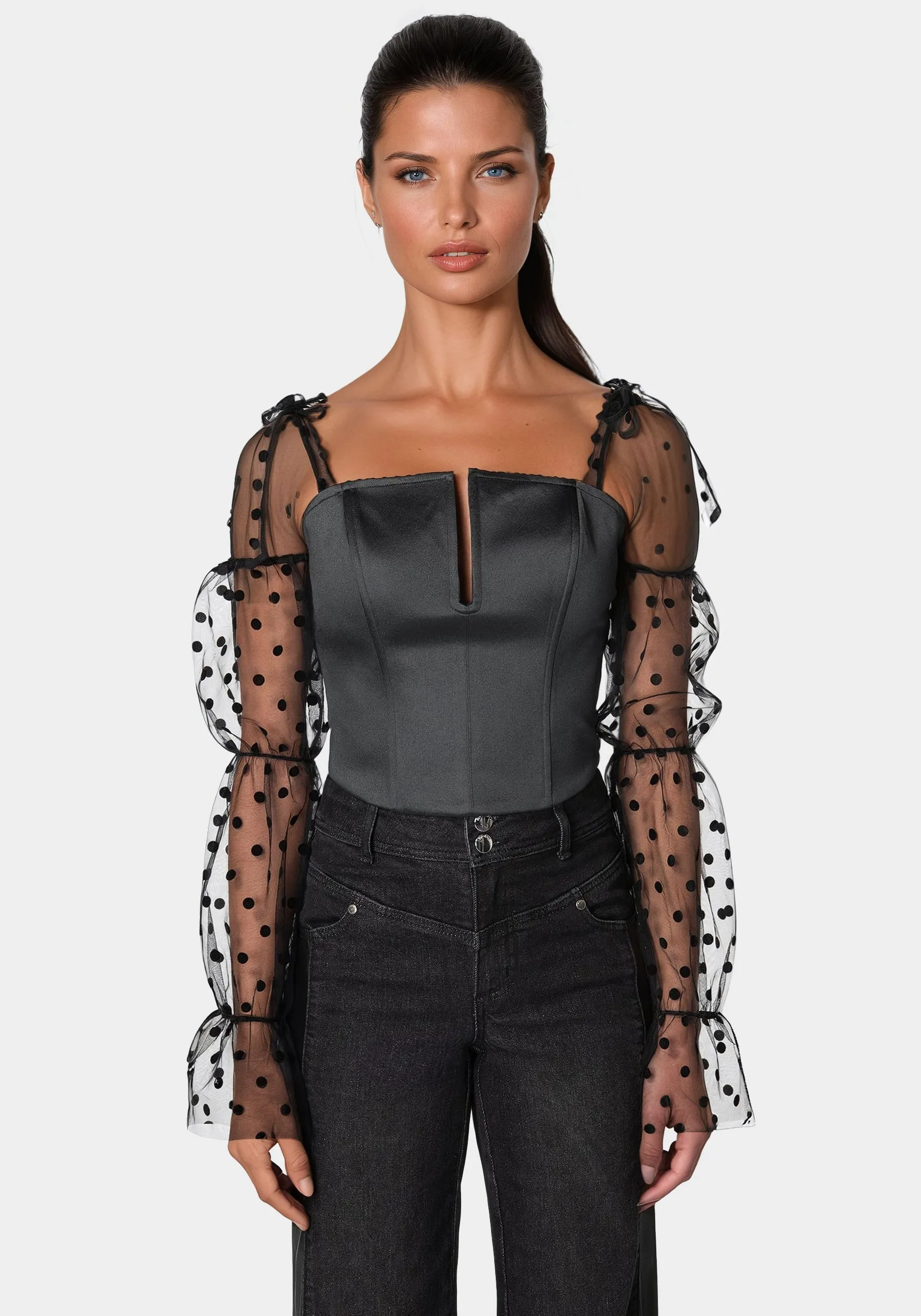 Swiss Dot Sleeve Satin Corset sold by Bebe