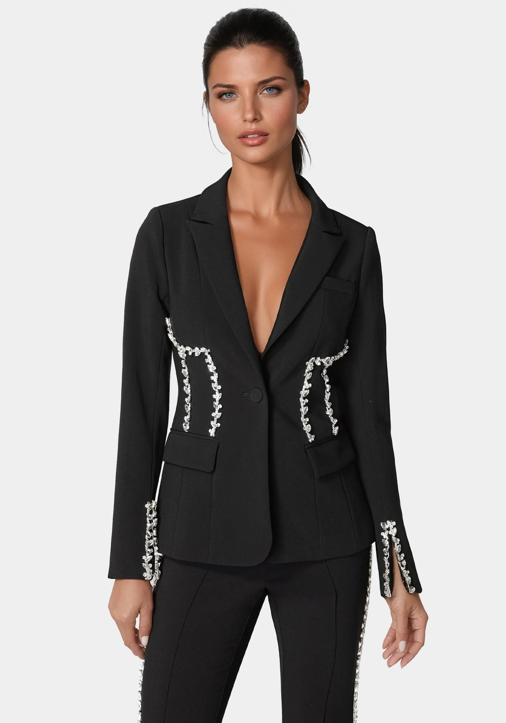 Rhinestone Detail Woven Twill Blazer sold by Bebe