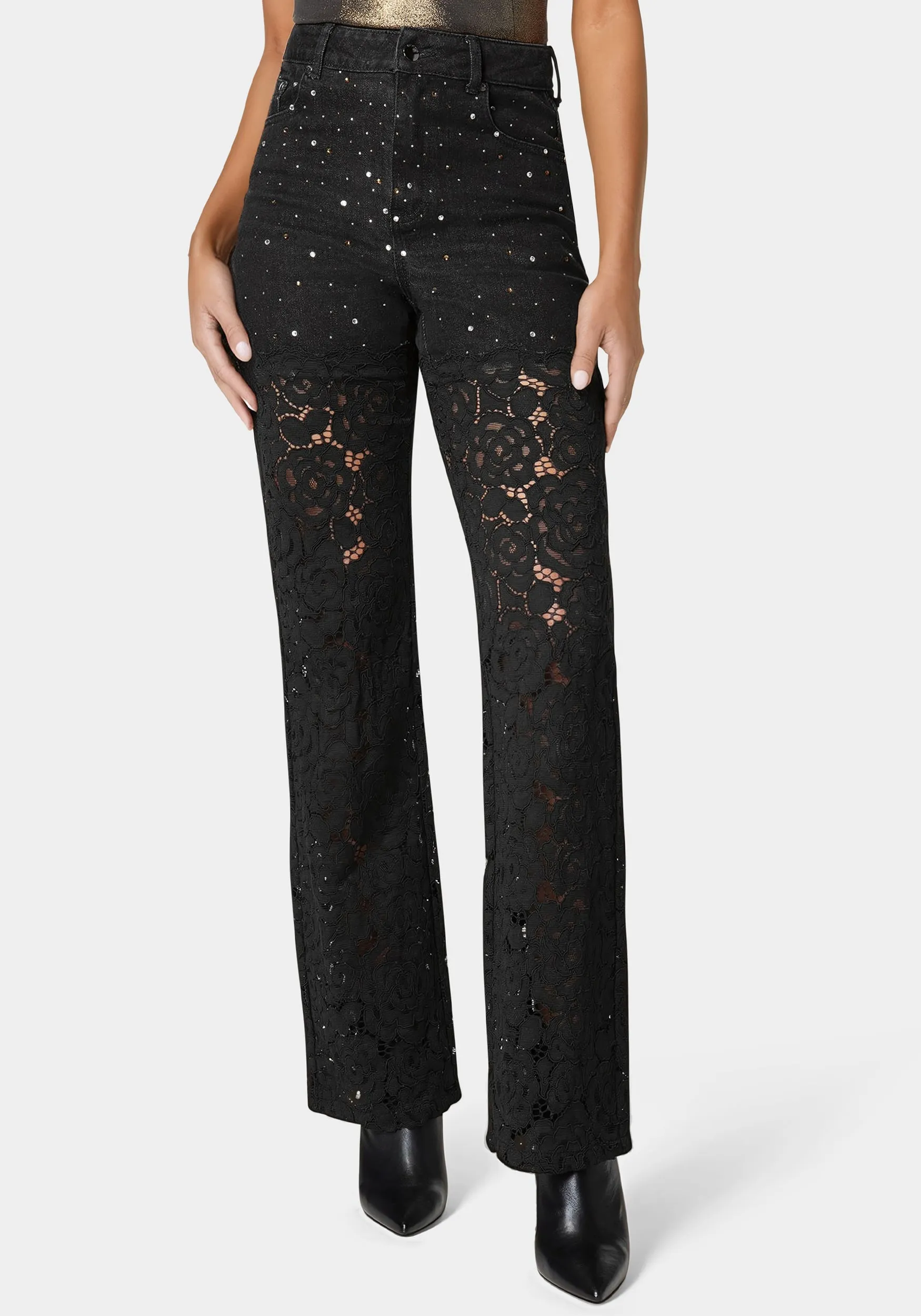 High Waist Embellished Lace Wide Leg Jeans sold by Bebe