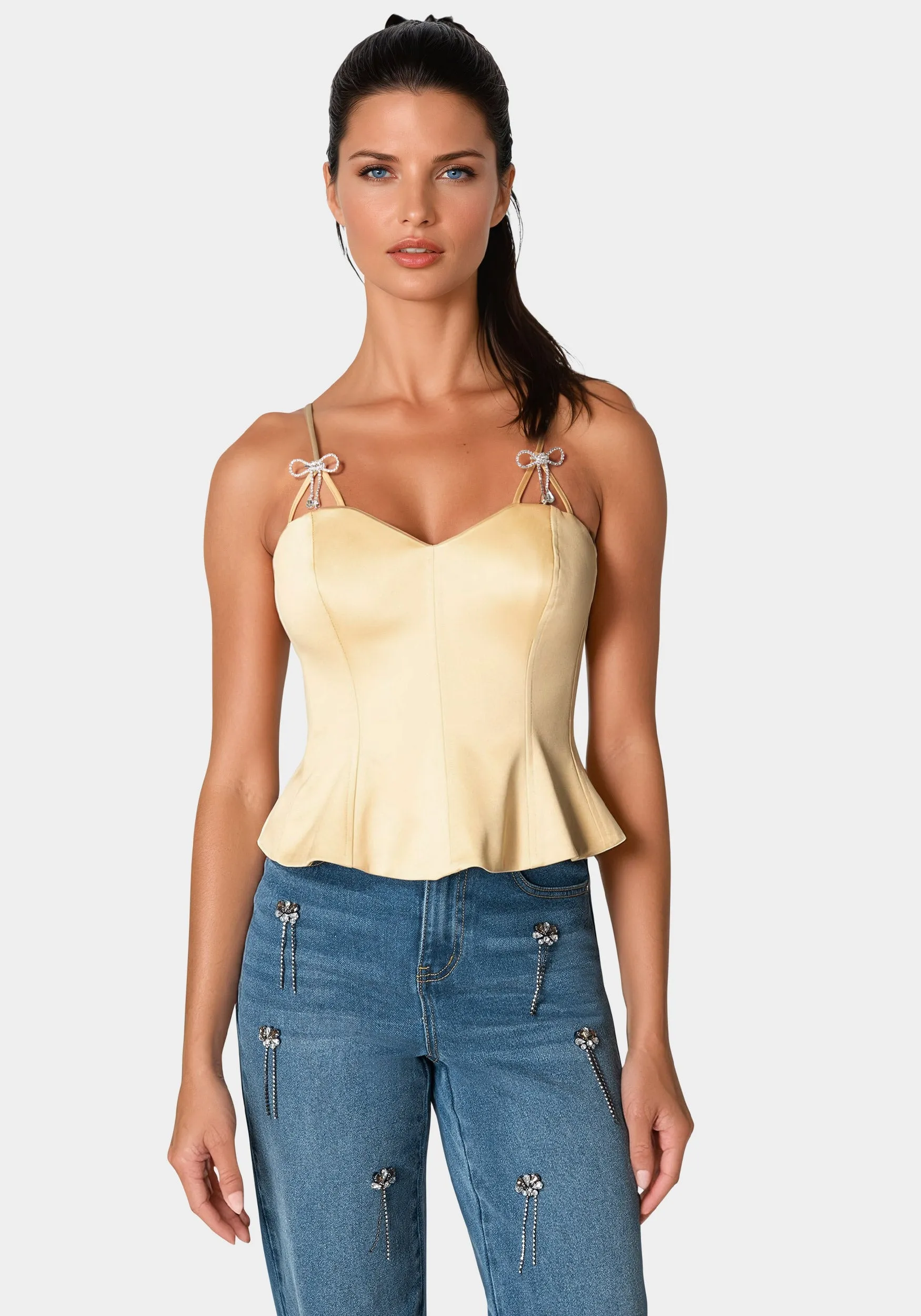 Rhinestone Bow Satin Corset sold by Bebe