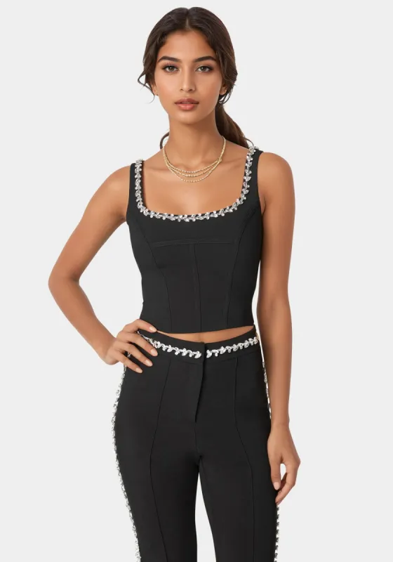 Rhinestone Detail Woven Twill Corset sold by Bebe