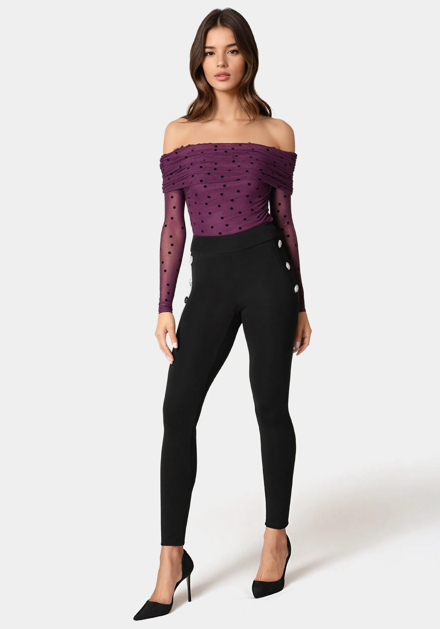 High Waist Rhinestone Button Legging sold by Bebe