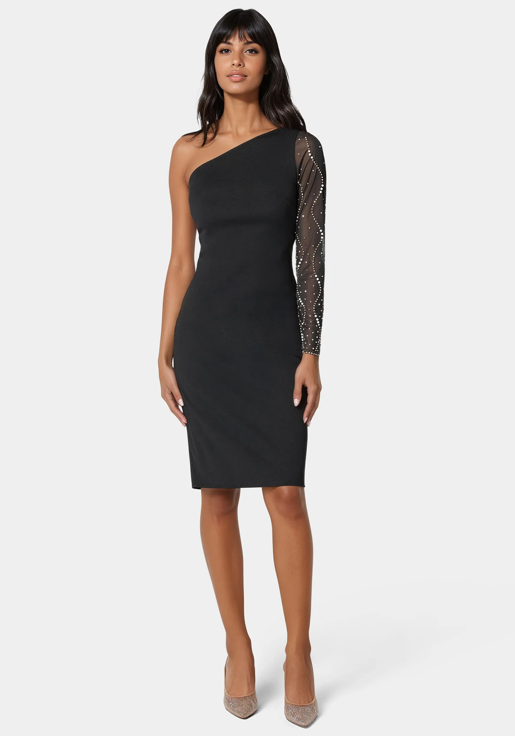 Beaded One Shoulder Midi Dress sold by Bebe