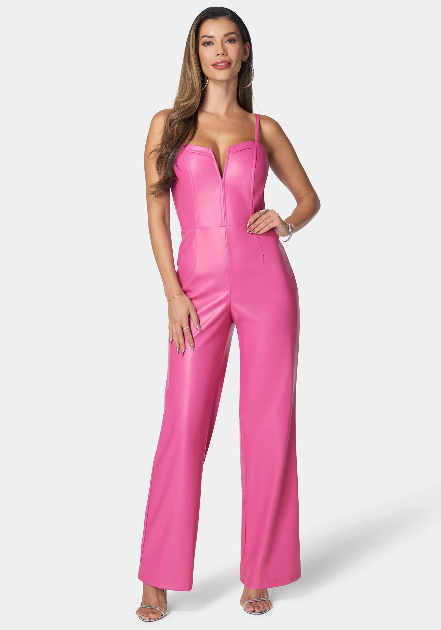 Faux Leather Cropped Leg Jumpsuit sold by Bebe
