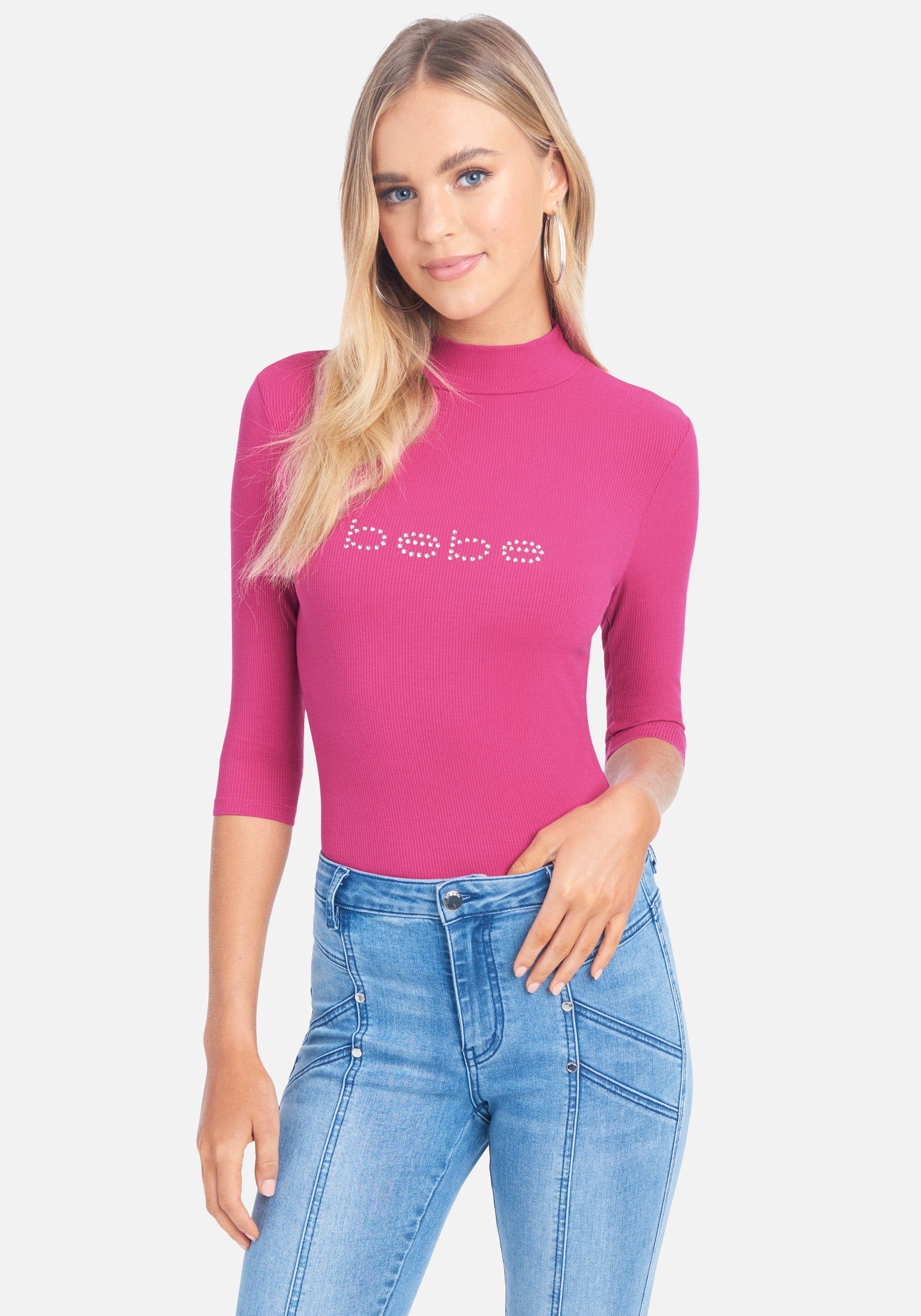 Crystal Logo Mock Neck 3/4 Sleeve Tee sold by Bebe