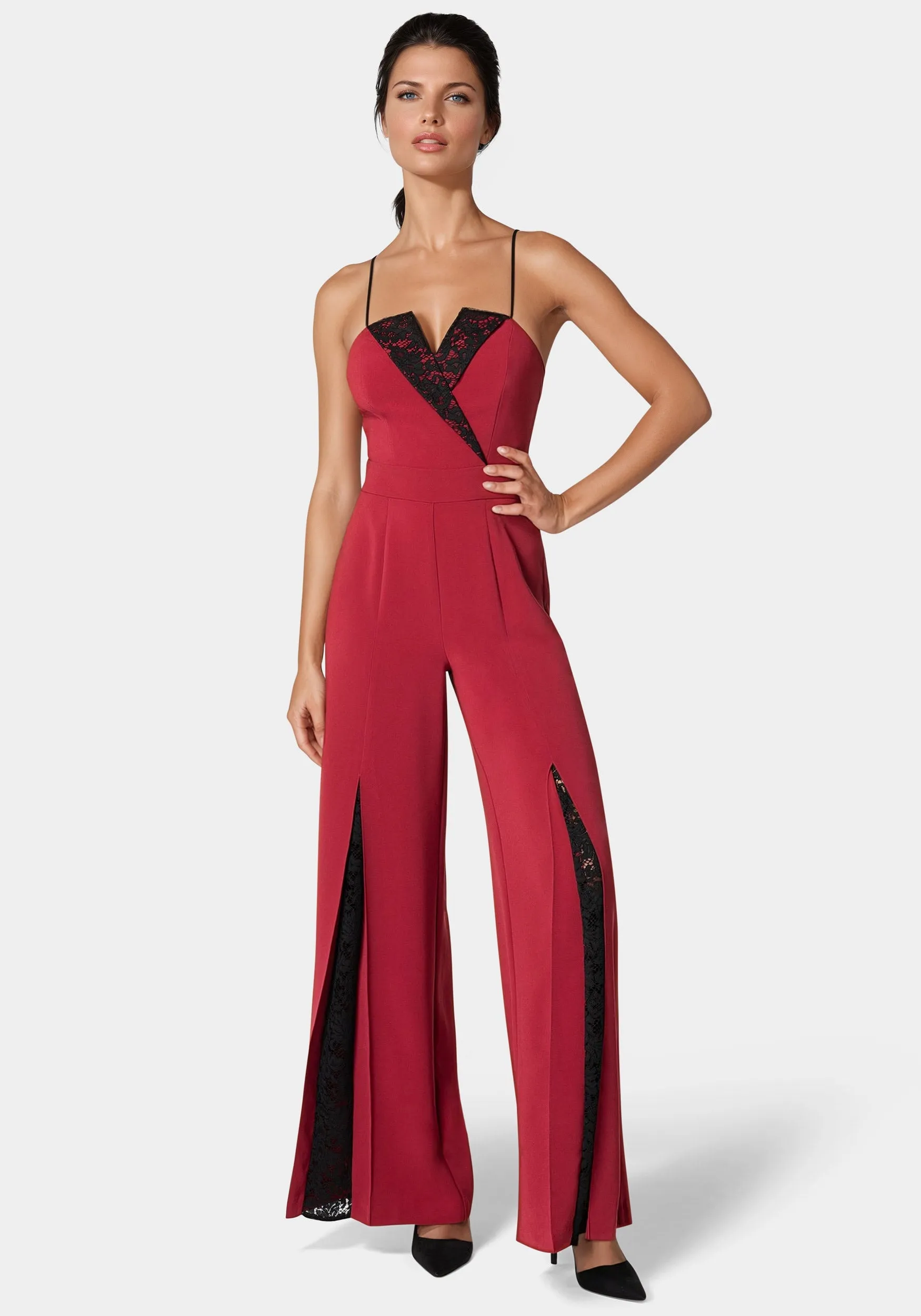 Tuxedo Lace Combo Ultra Wide Leg Jumpsuit sold by Bebe