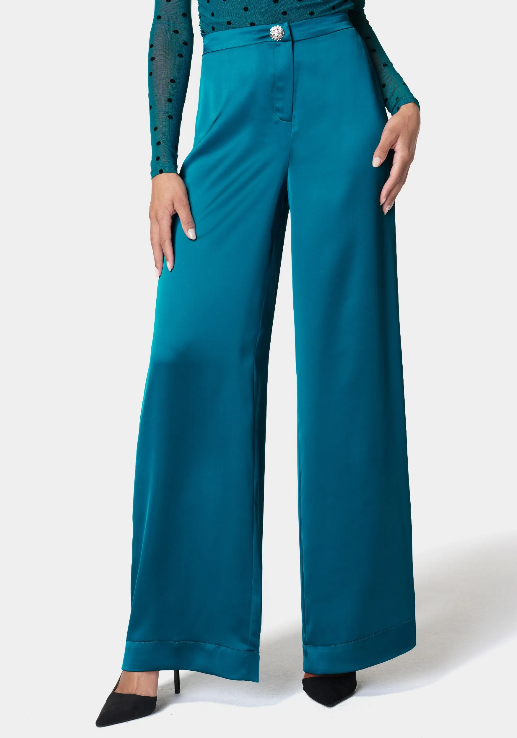 High Waist Satin Wide Leg Pant sold by Bebe