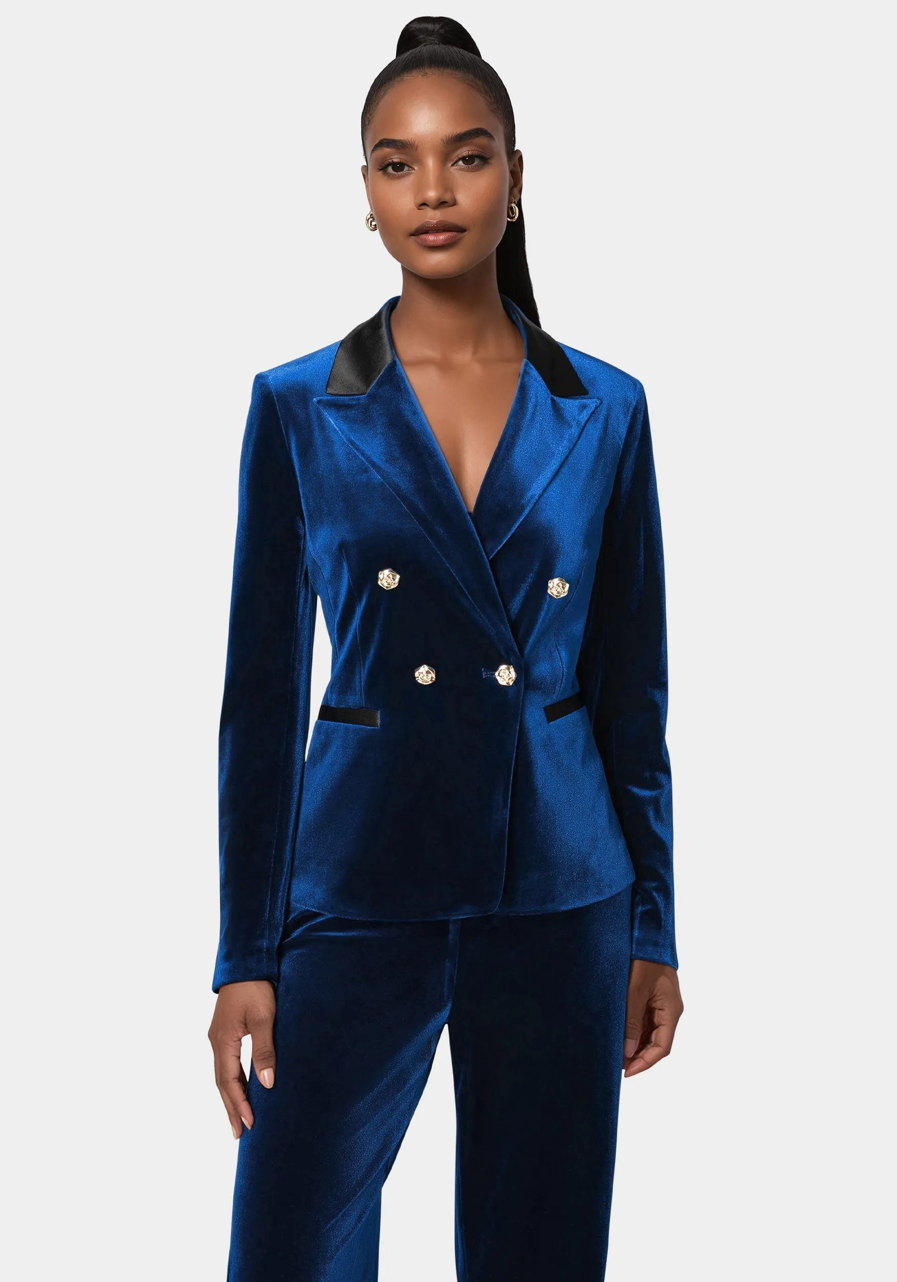 Double Breast Combo Satin Velour Blazer sold by Bebe