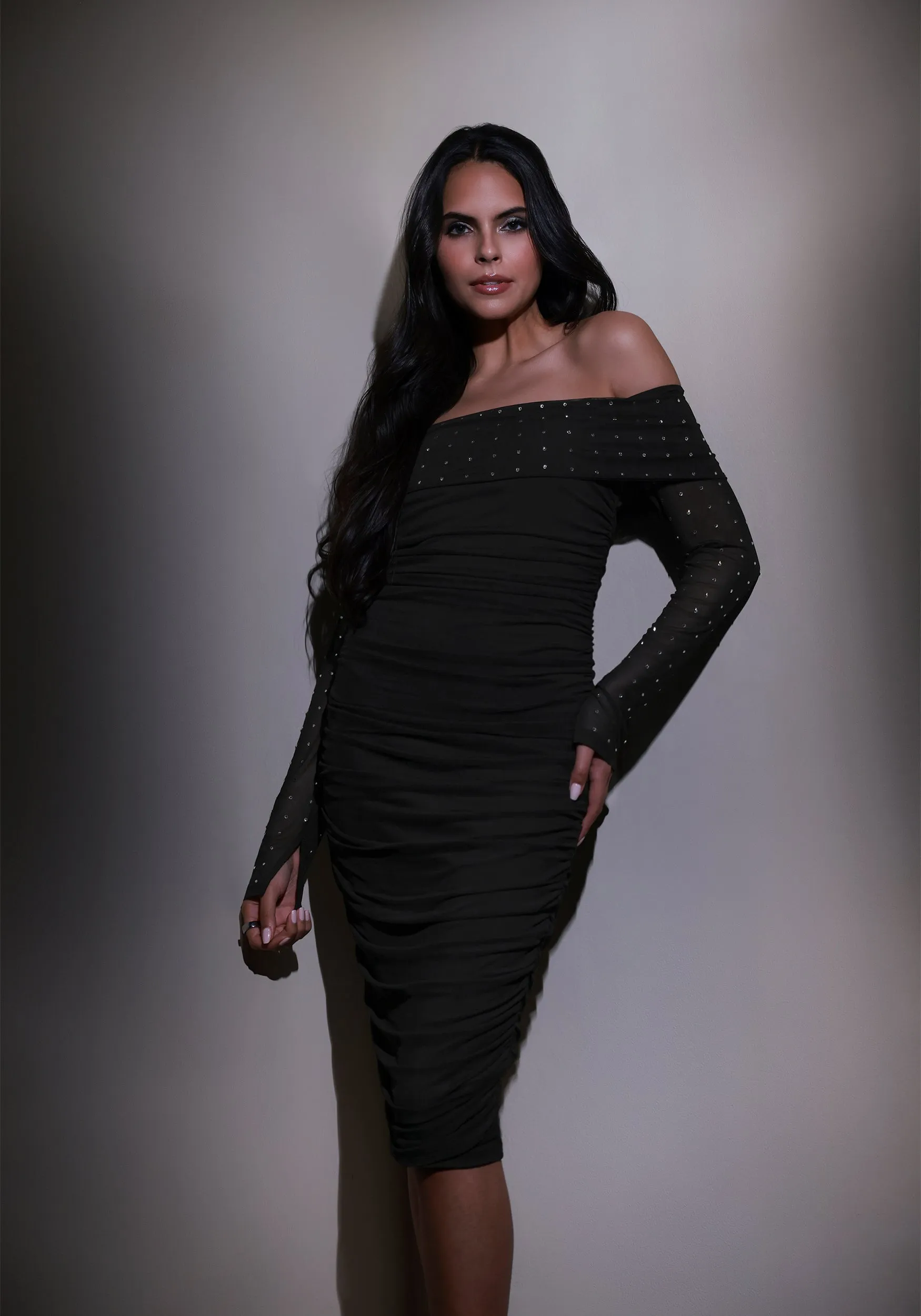 bebe Off Shoulder Mesh Midi Dress Embellished With Crystals by Swarovski sold by Bebe product image thumbnail 3