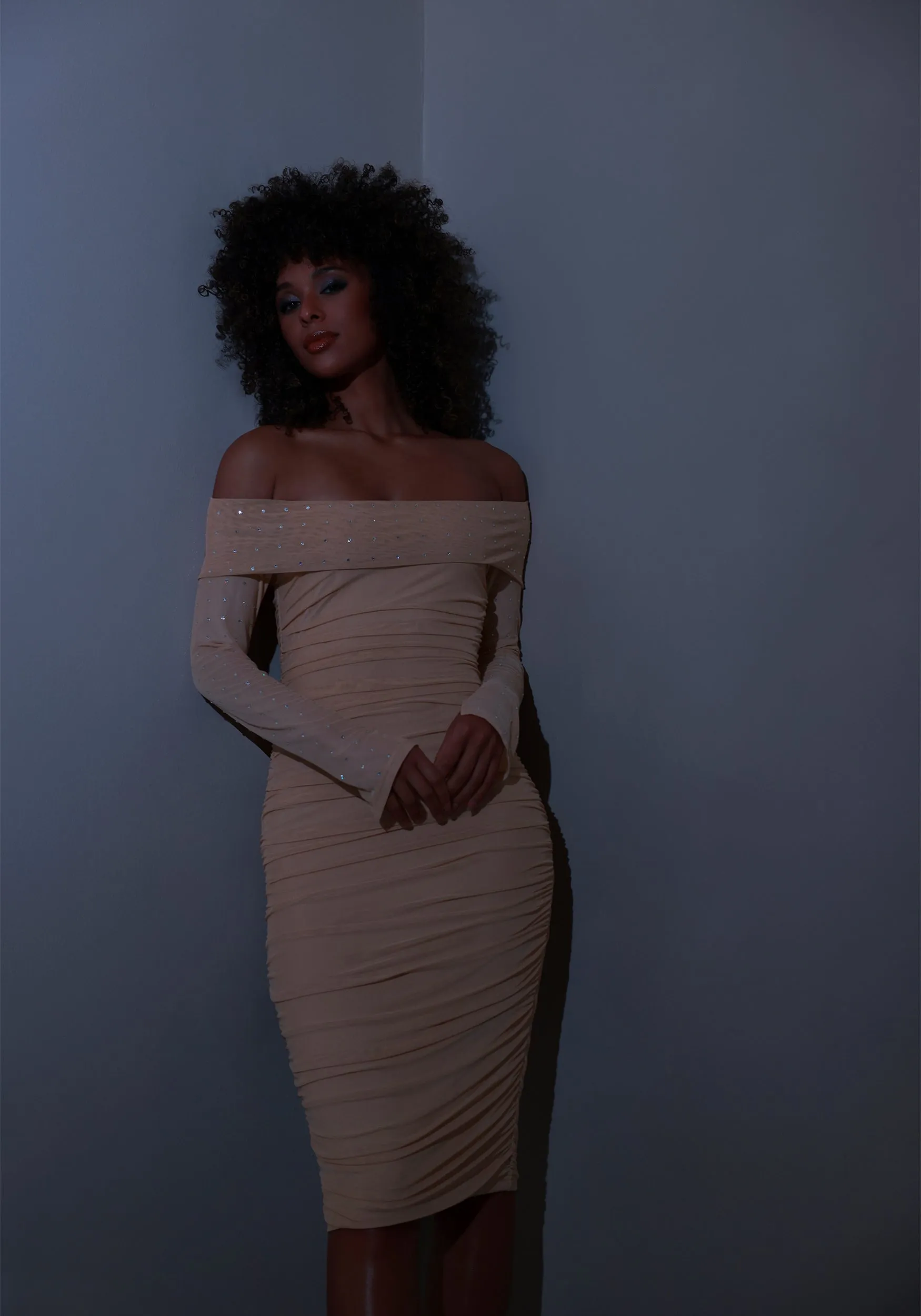 bebe Off Shoulder Mesh Midi Dress Embellished With Crystals by Swarovski sold by Bebe product image thumbnail 3