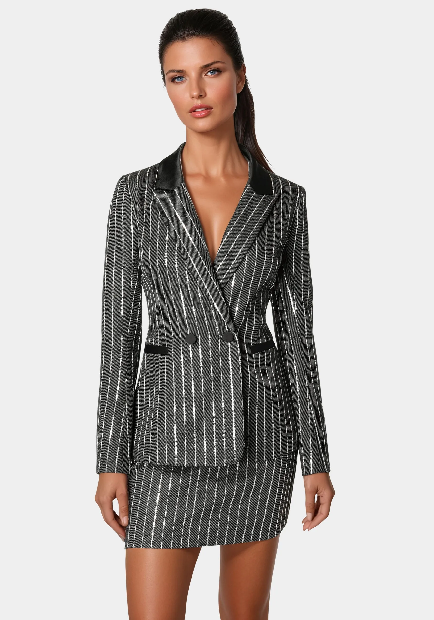 Stripe Sequins Double Breasted Blazer sold by Bebe