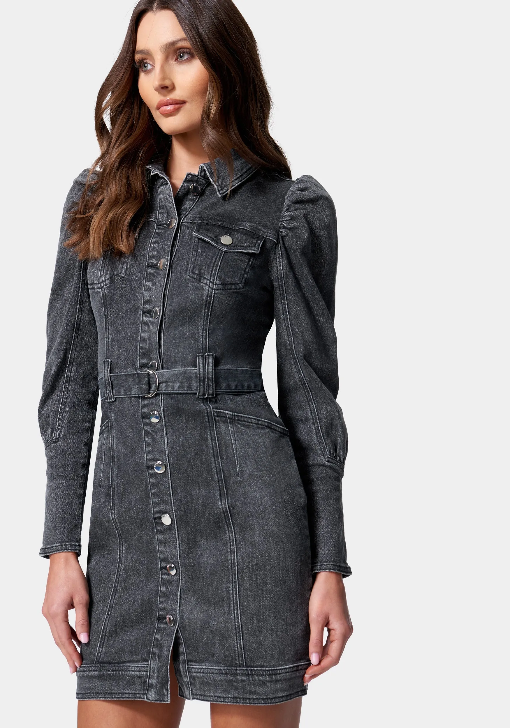 Puff Sleeve Button Down Denim Dress sold by Bebe product image thumbnail 2