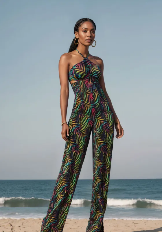 Halter Front Cut Out Ultra Wide Leg Jumpsuit sold by Bebe