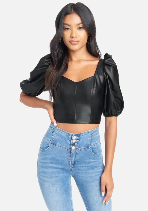Puff Sleeve Vegan Leather Crop Top sold by Bebe