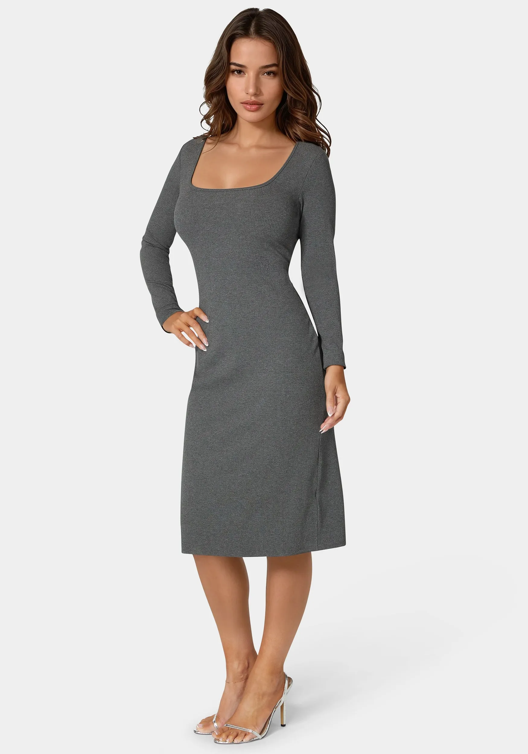 Long Sleeve Square Neck Rib Midi Dress sold by Bebe product image thumbnail 2