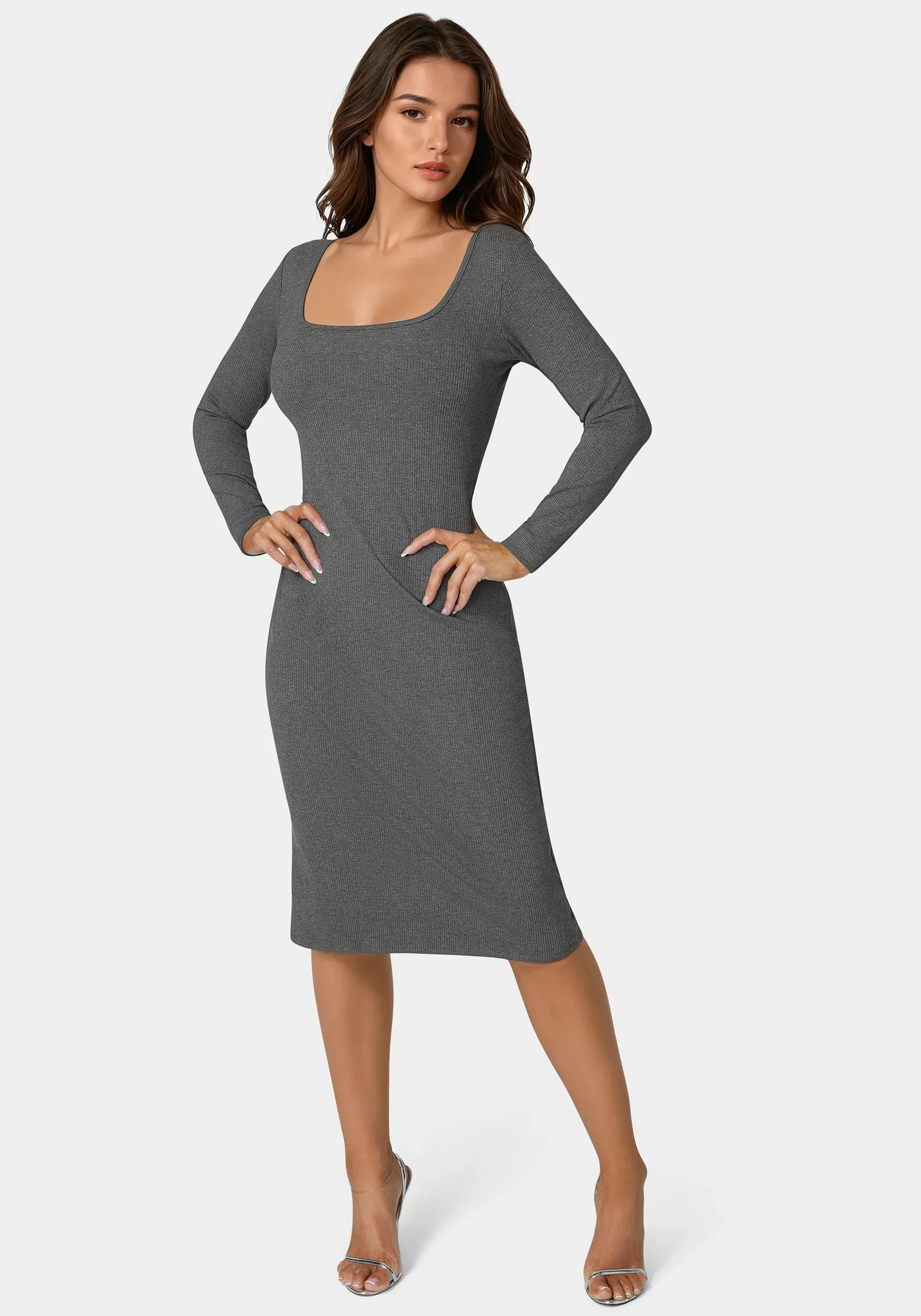 Long Sleeve Square Neck Rib Midi Dress sold by Bebe