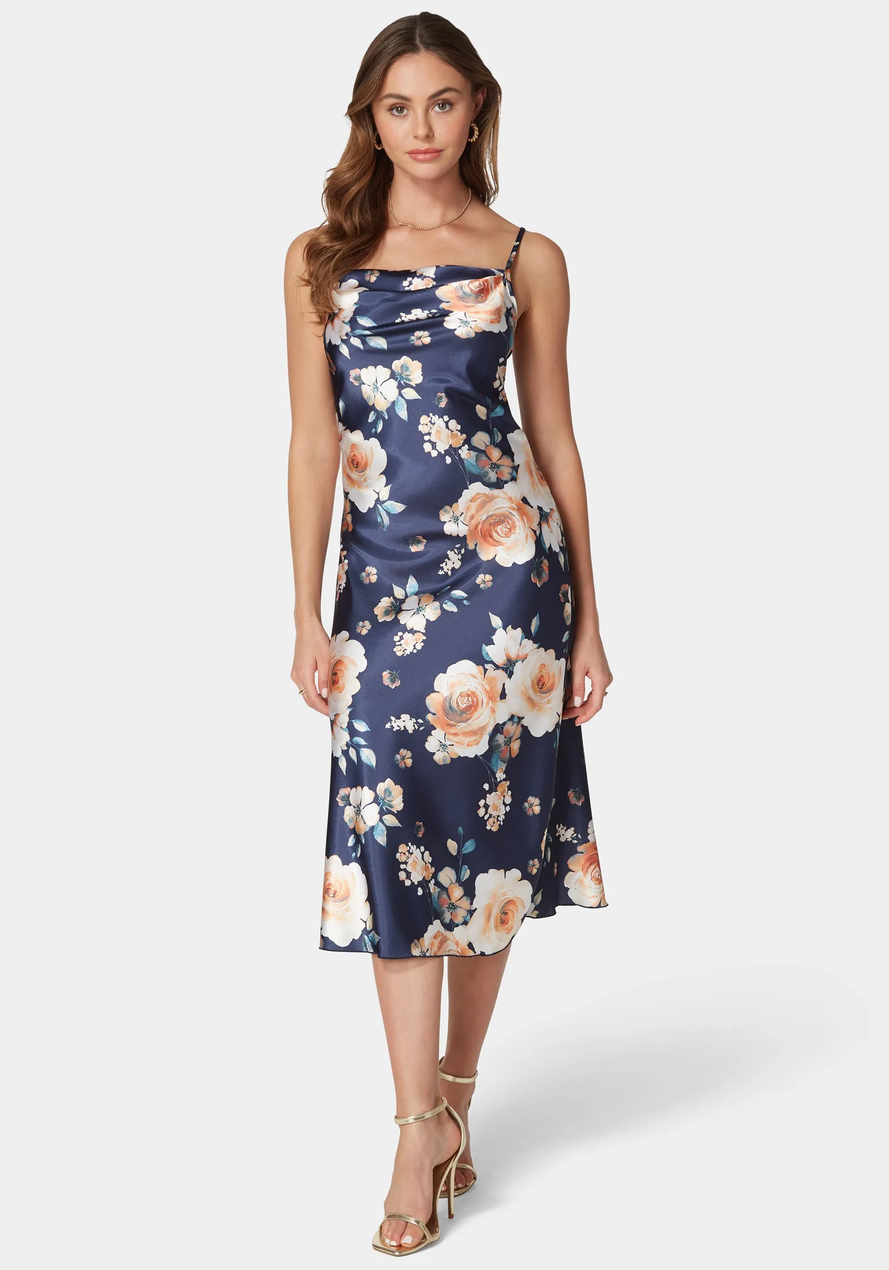 Printed Satin Slip Midi Dress sold by Bebe