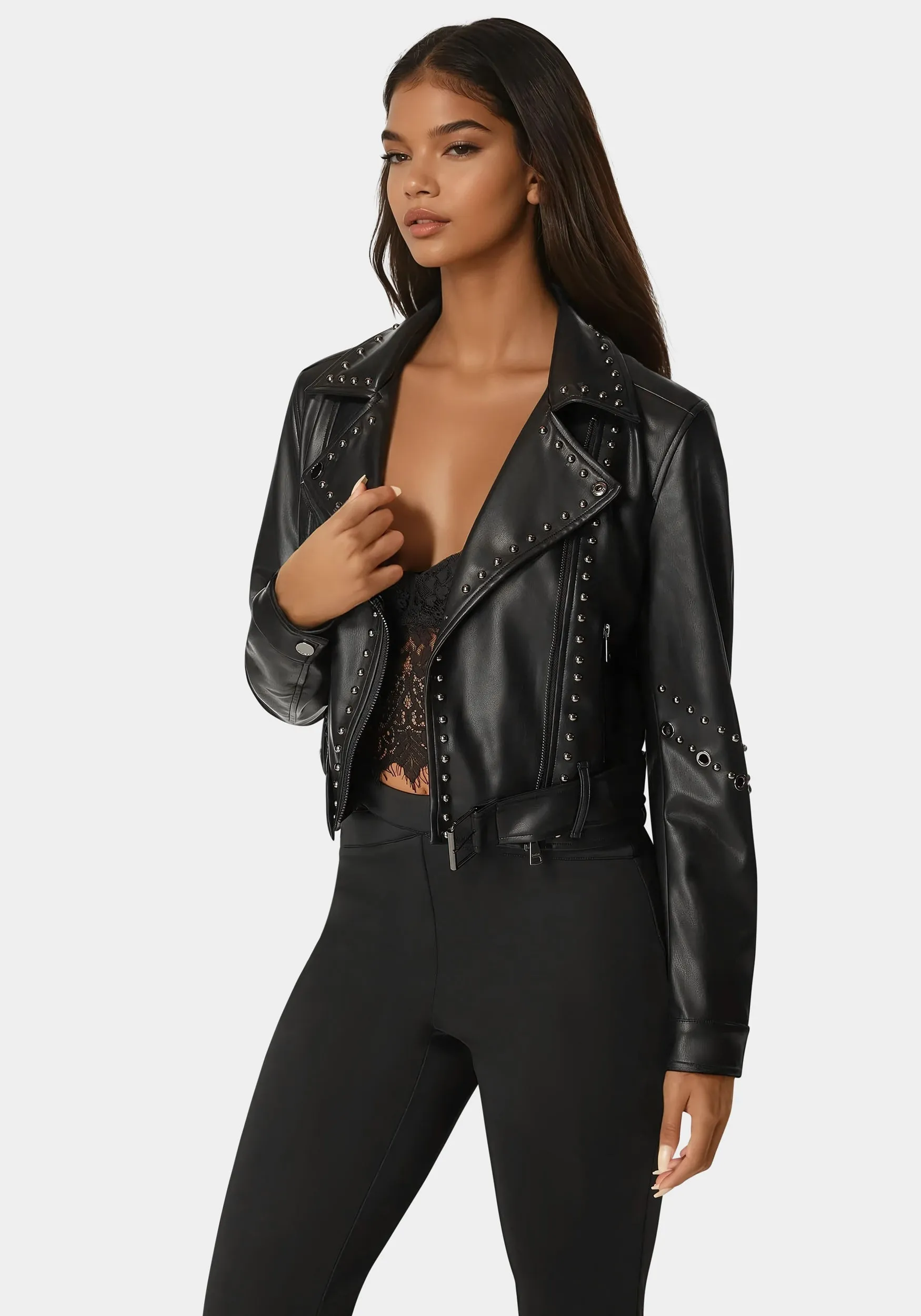 Studded Vegan Leather Moto Jacket sold by Bebe