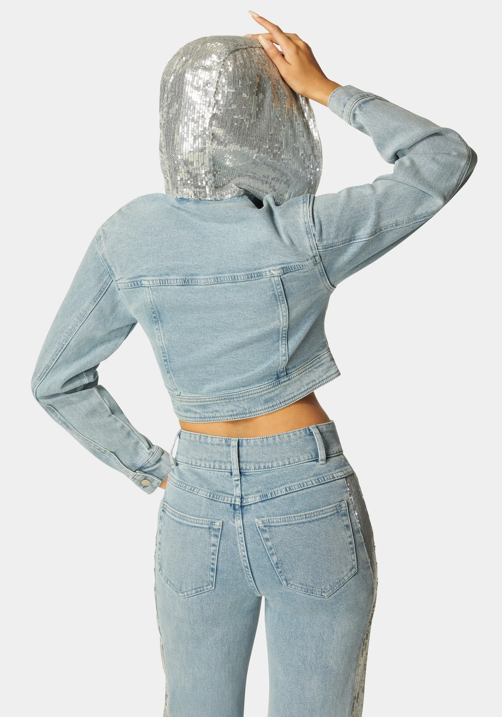 Sequin Hooded Denim Jacket sold by Bebe product image thumbnail 4