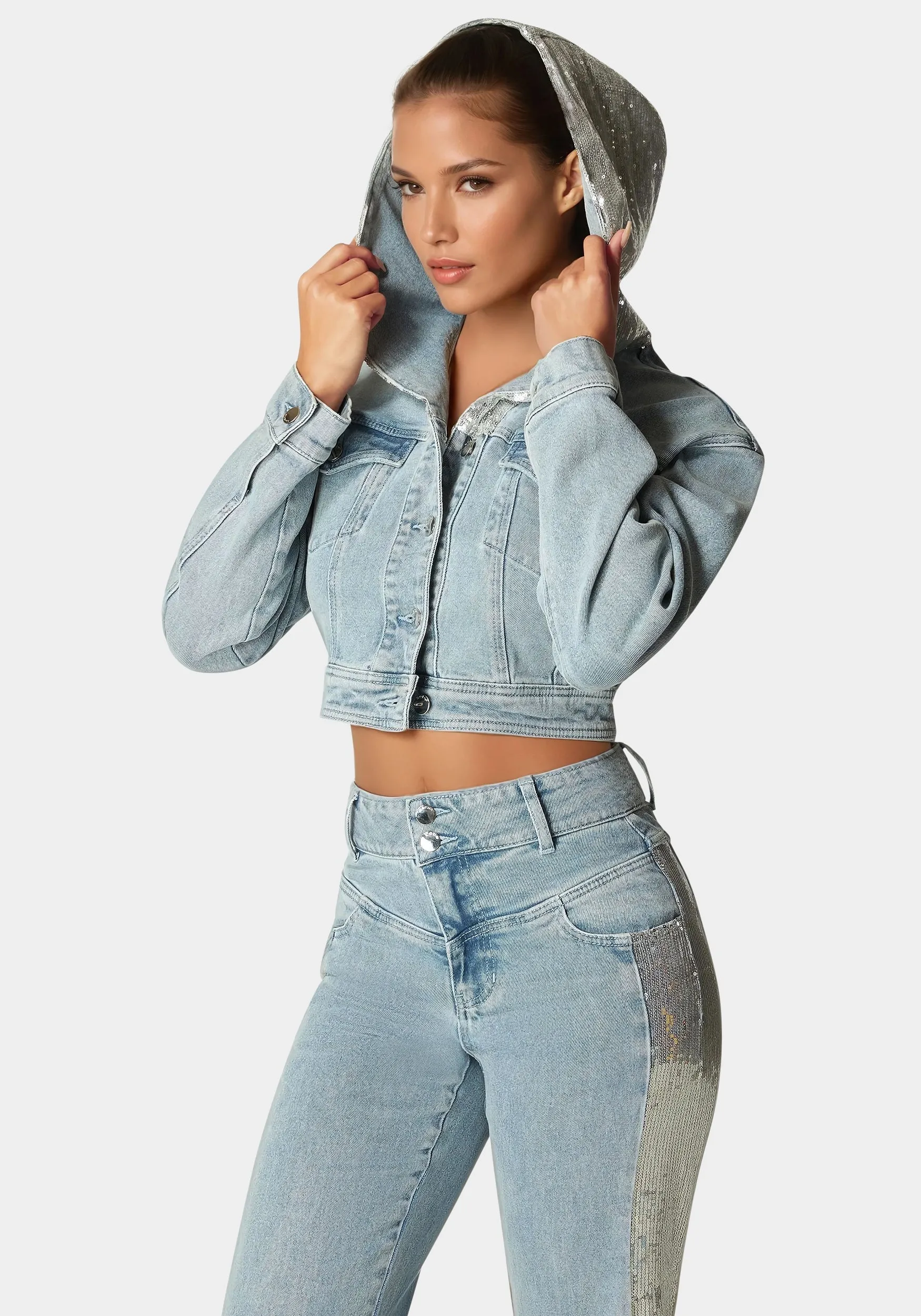 Sequin Hooded Denim Jacket sold by Bebe product image thumbnail 2