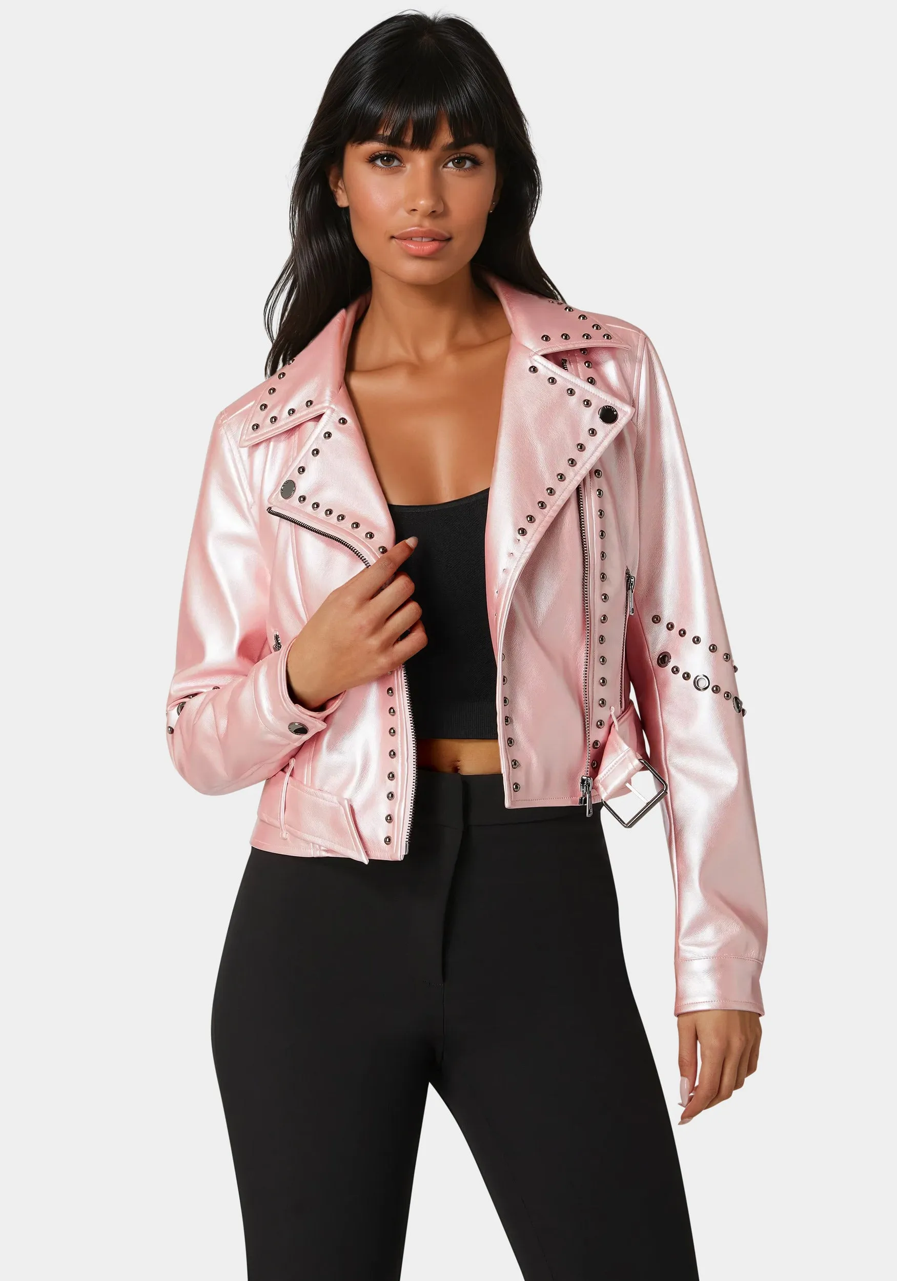 Studded Vegan Leather Moto Jacket sold by Bebe