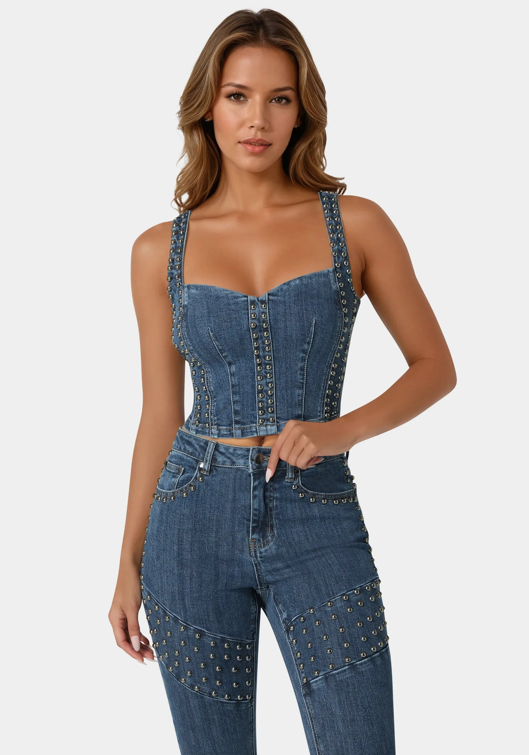 Studded Denim Corset sold by Bebe