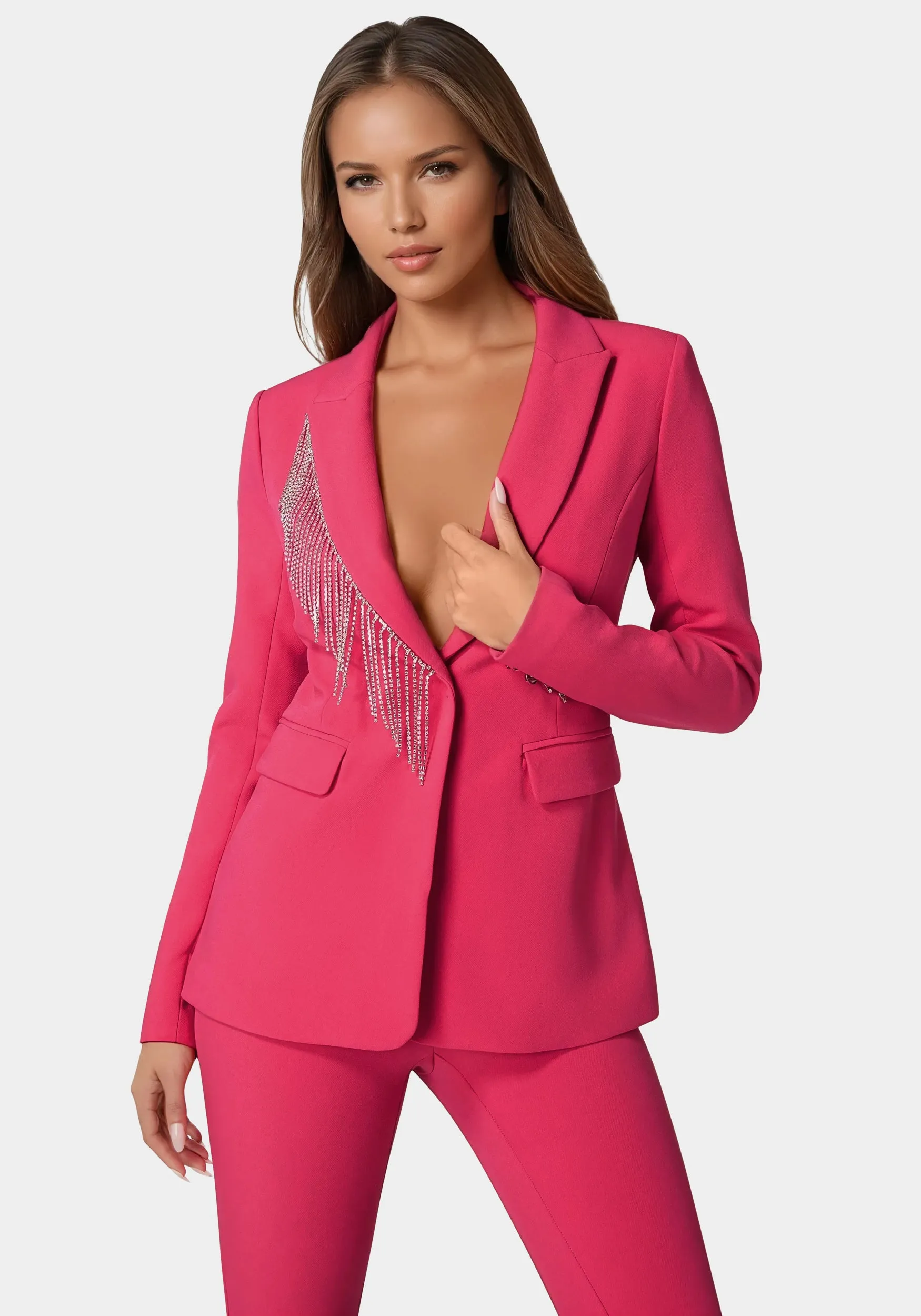 Rhinestone Fringe Tailored Blazer sold by Bebe