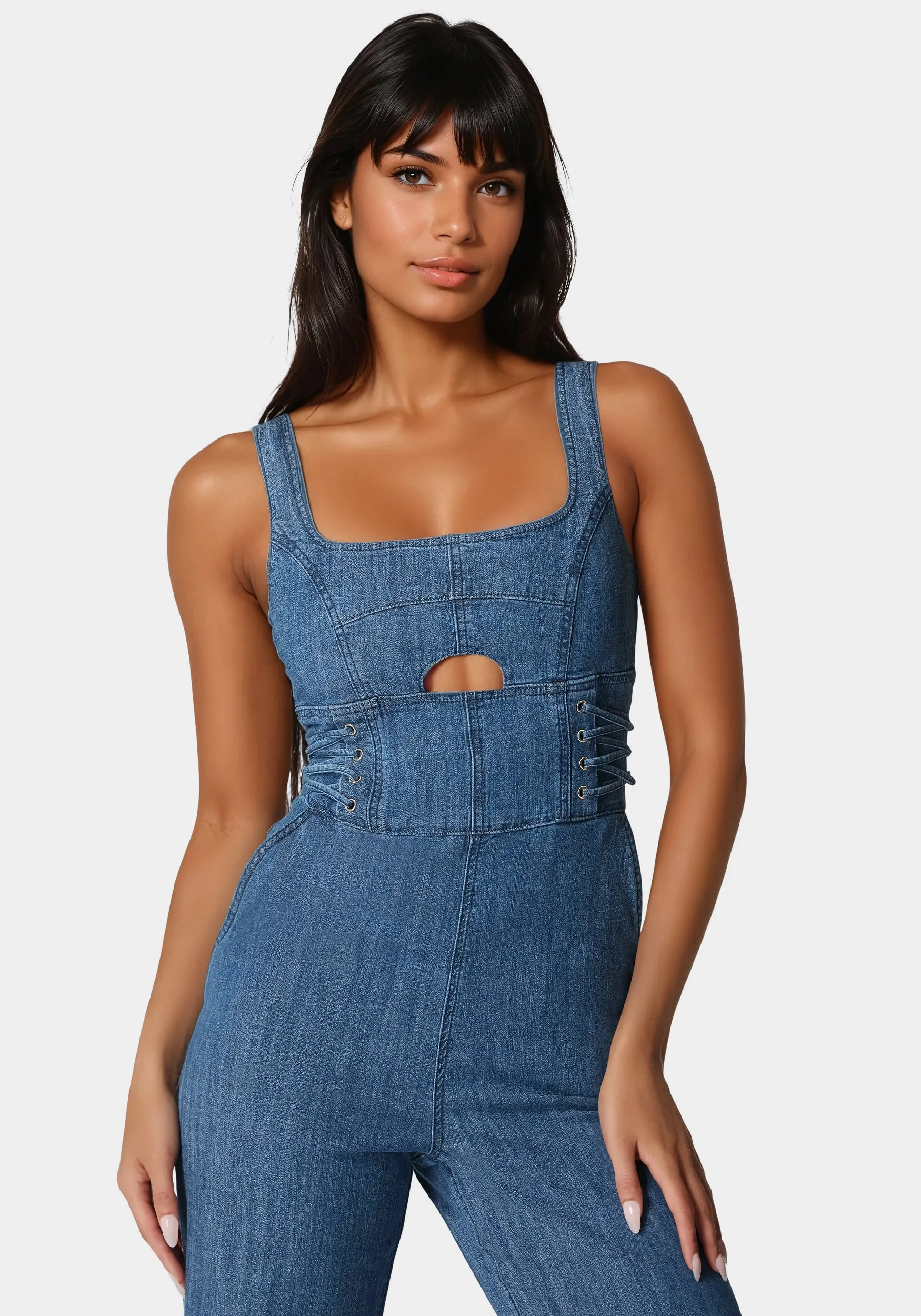 Lace Up Wide Leg Denim Jumpsuit sold by Bebe product image thumbnail 3