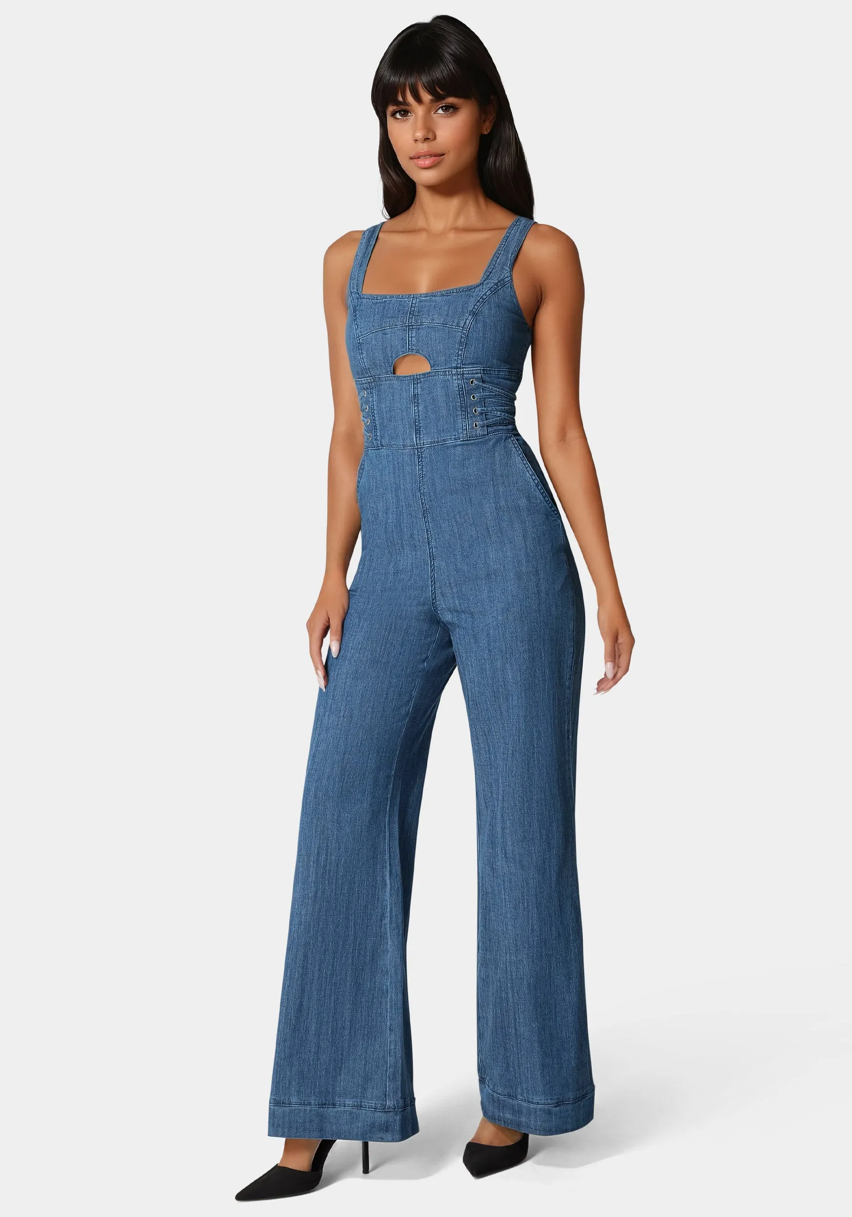 Lace Up Wide Leg Denim Jumpsuit sold by Bebe
