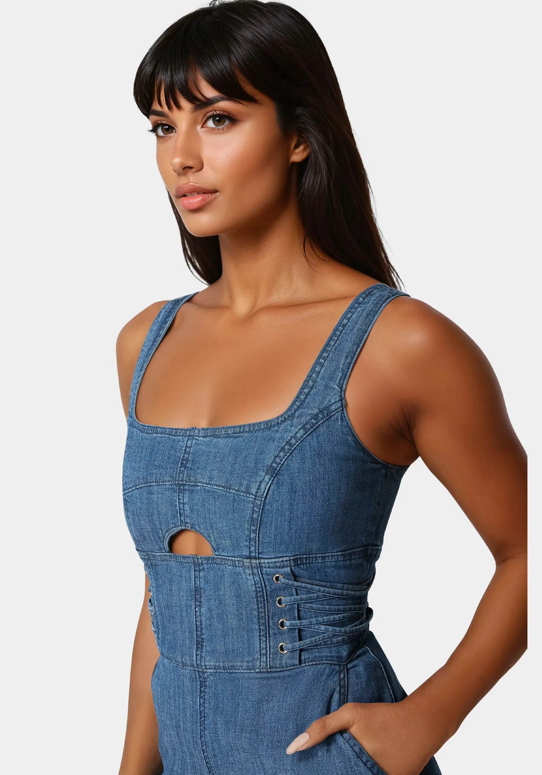 Lace Up Wide Leg Denim Jumpsuit sold by Bebe product image thumbnail 4