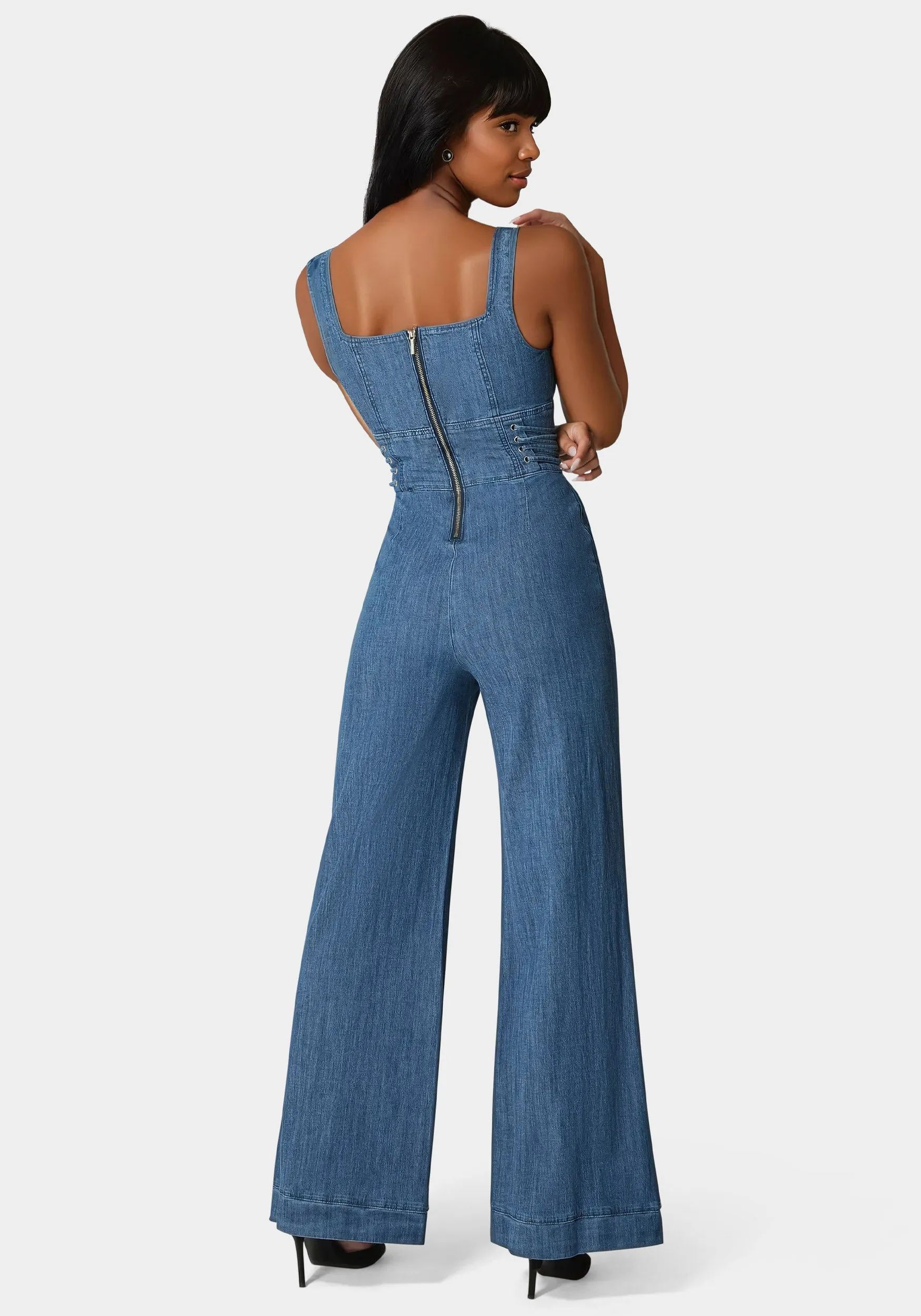 Lace Up Wide Leg Denim Jumpsuit sold by Bebe product image thumbnail 2