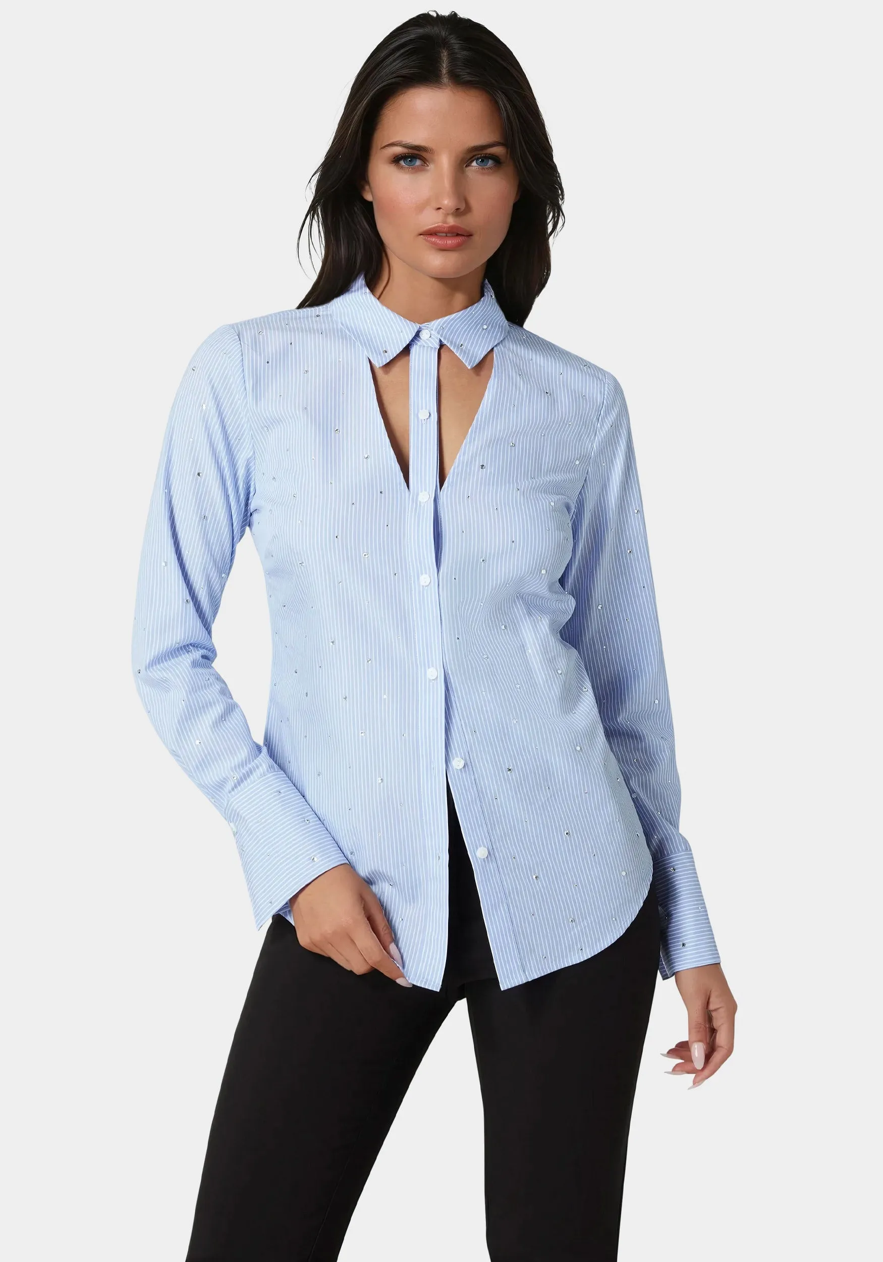 Cut out Rhinestone Poplin Blouse sold by Bebe
