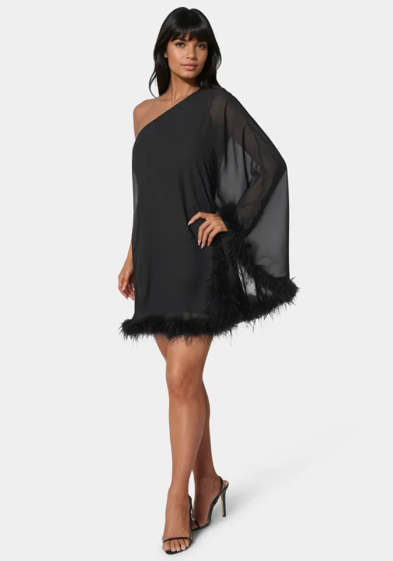 One Shoulder Feather Cape Dress sold by Bebe