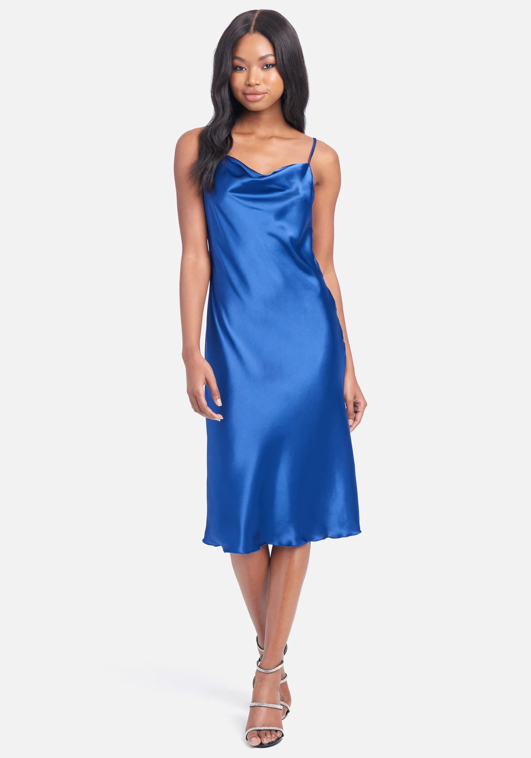 Satin Cowl Neck Slip Midi Dress sold by Bebe