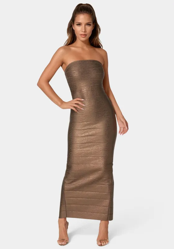 Bandage Strapless Foil Maxi Dress sold by Bebe