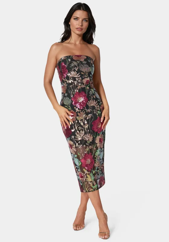 Strapless Sequin Midi Dress sold by Bebe