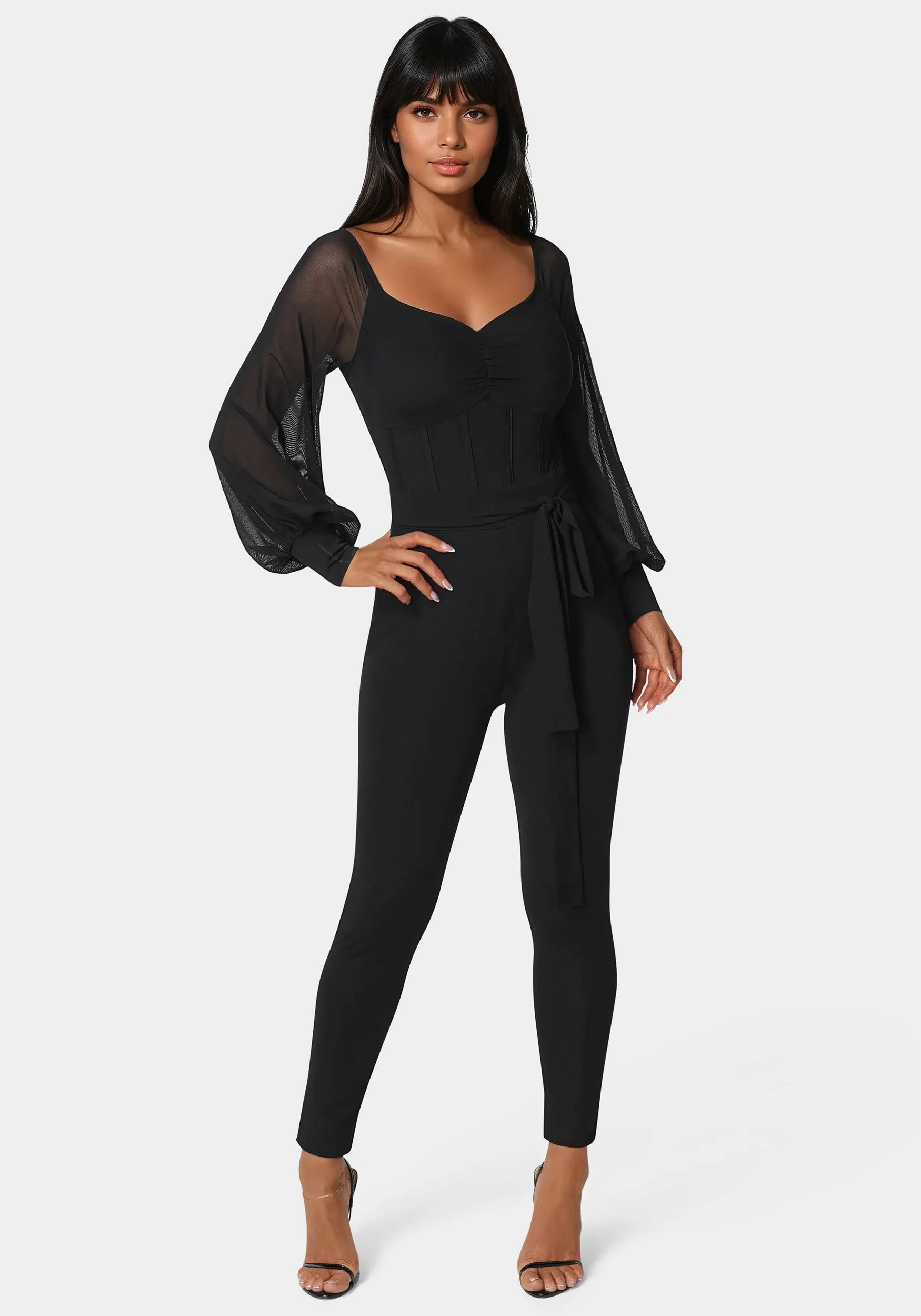 Mesh Off Shoulder Catsuit sold by Bebe