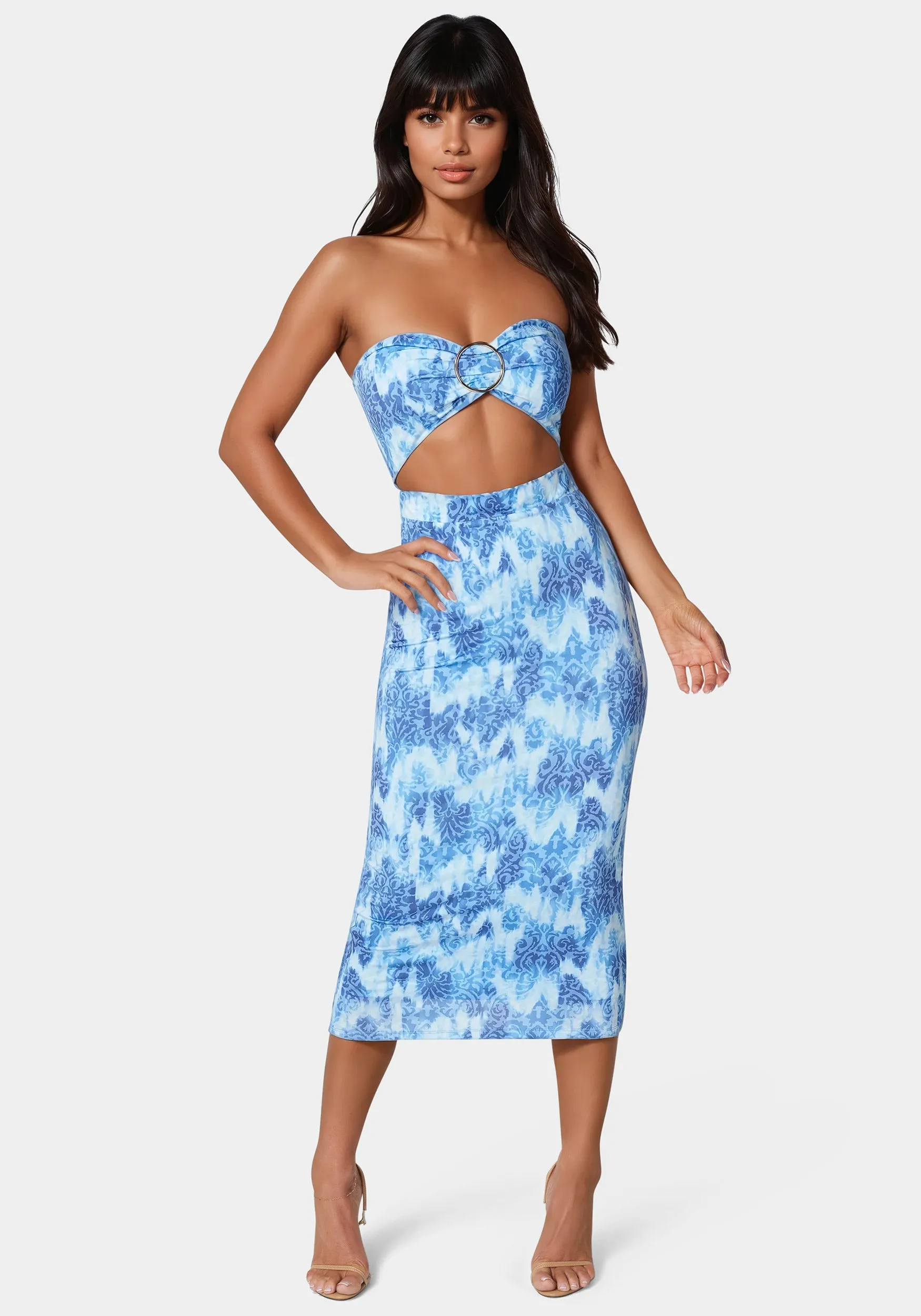 Printed Front Cutout Midi Dress sold by Bebe
