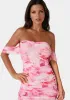 Off Shoulder Ruched Mesh Gown sold by Bebe