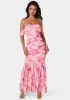 Off Shoulder Ruched Mesh Gown sold by Bebe