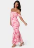 Off Shoulder Ruched Mesh Gown sold by Bebe