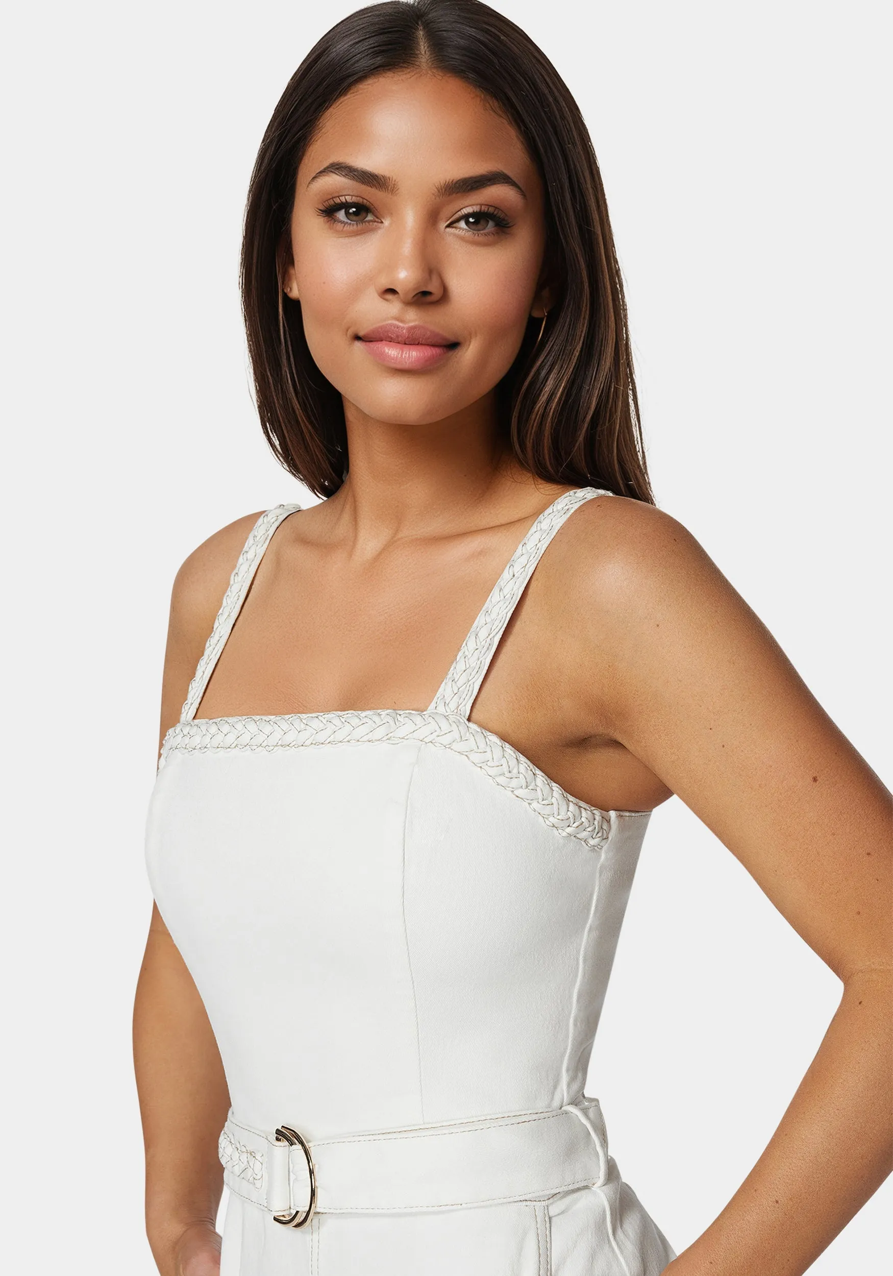 White Braided Wide Leg Denim Jumpsuit sold by Bebe product image thumbnail 4