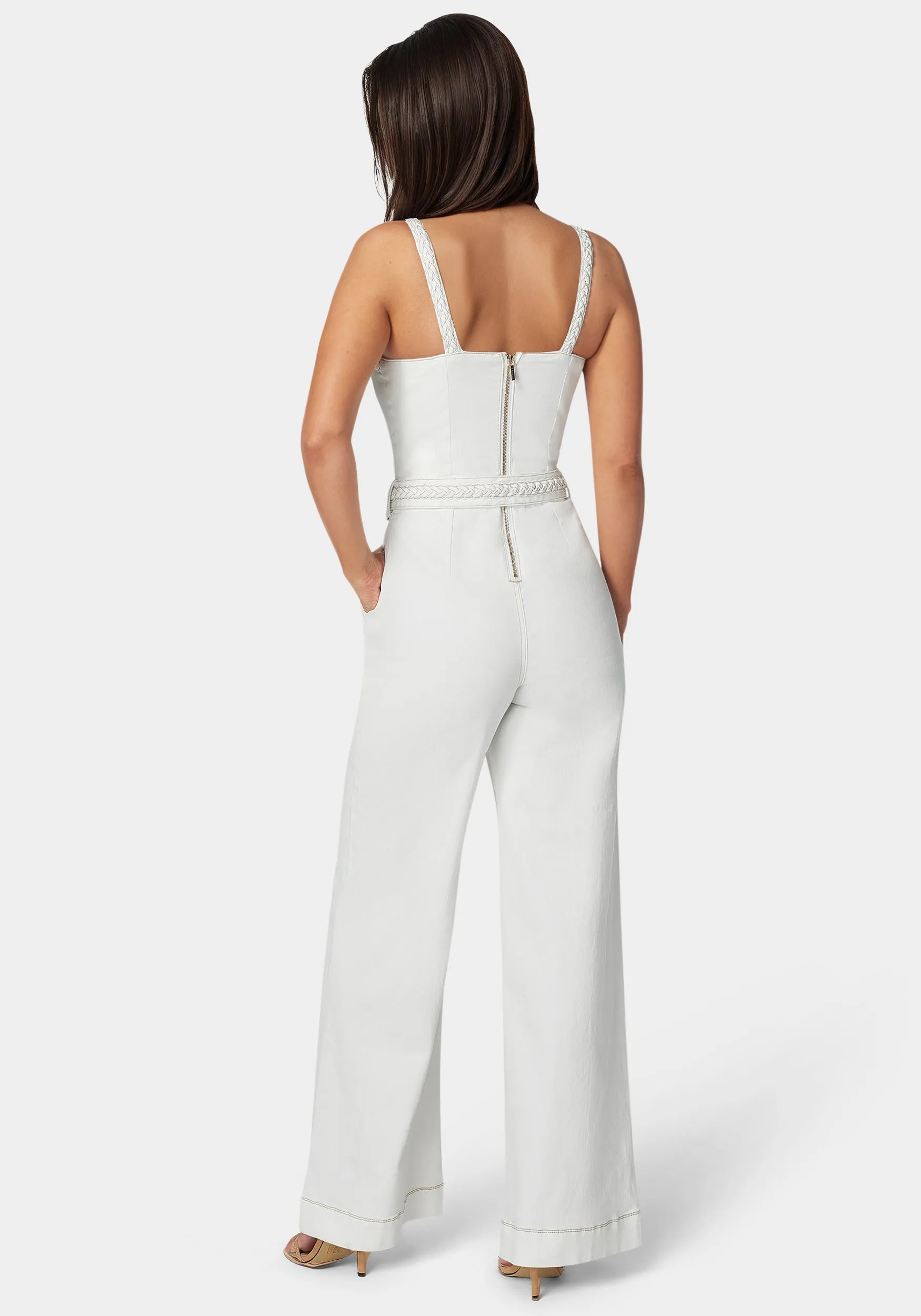 White Braided Wide Leg Denim Jumpsuit sold by Bebe product image thumbnail 3