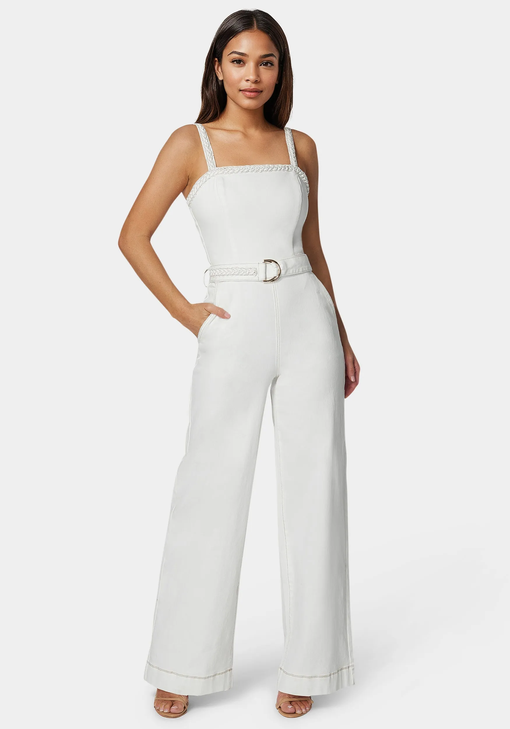 White Braided Wide Leg Denim Jumpsuit sold by Bebe