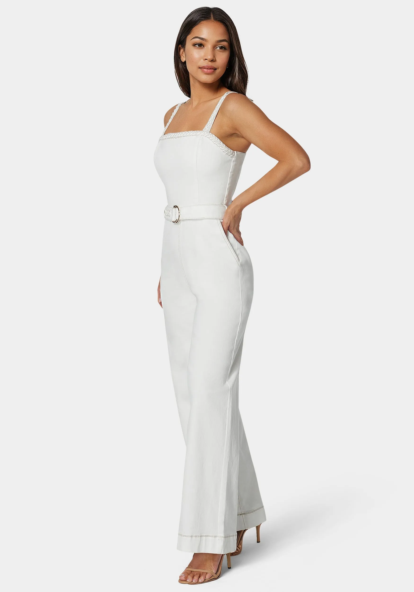 White Braided Wide Leg Denim Jumpsuit sold by Bebe product image thumbnail 2