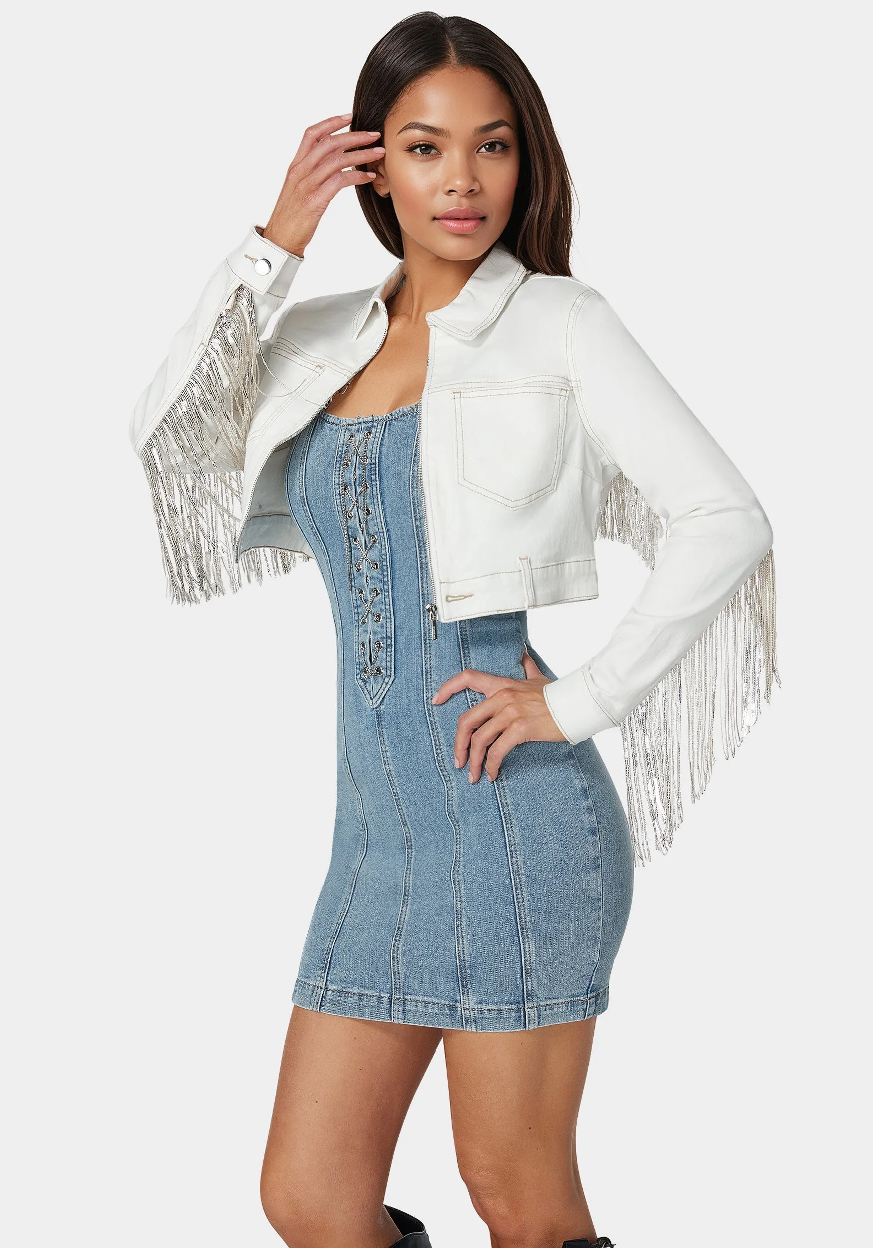 Sequin Fringe Denim Jacket sold by Bebe product image thumbnail 2